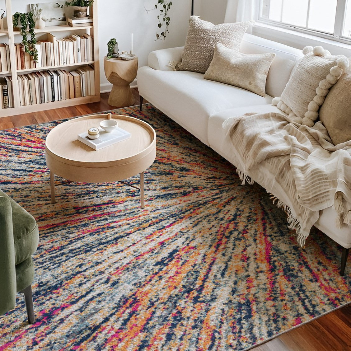 7' X 10' Cream Celestial Burst Abstract Area Rug-Area Rugs-DECOROLALA