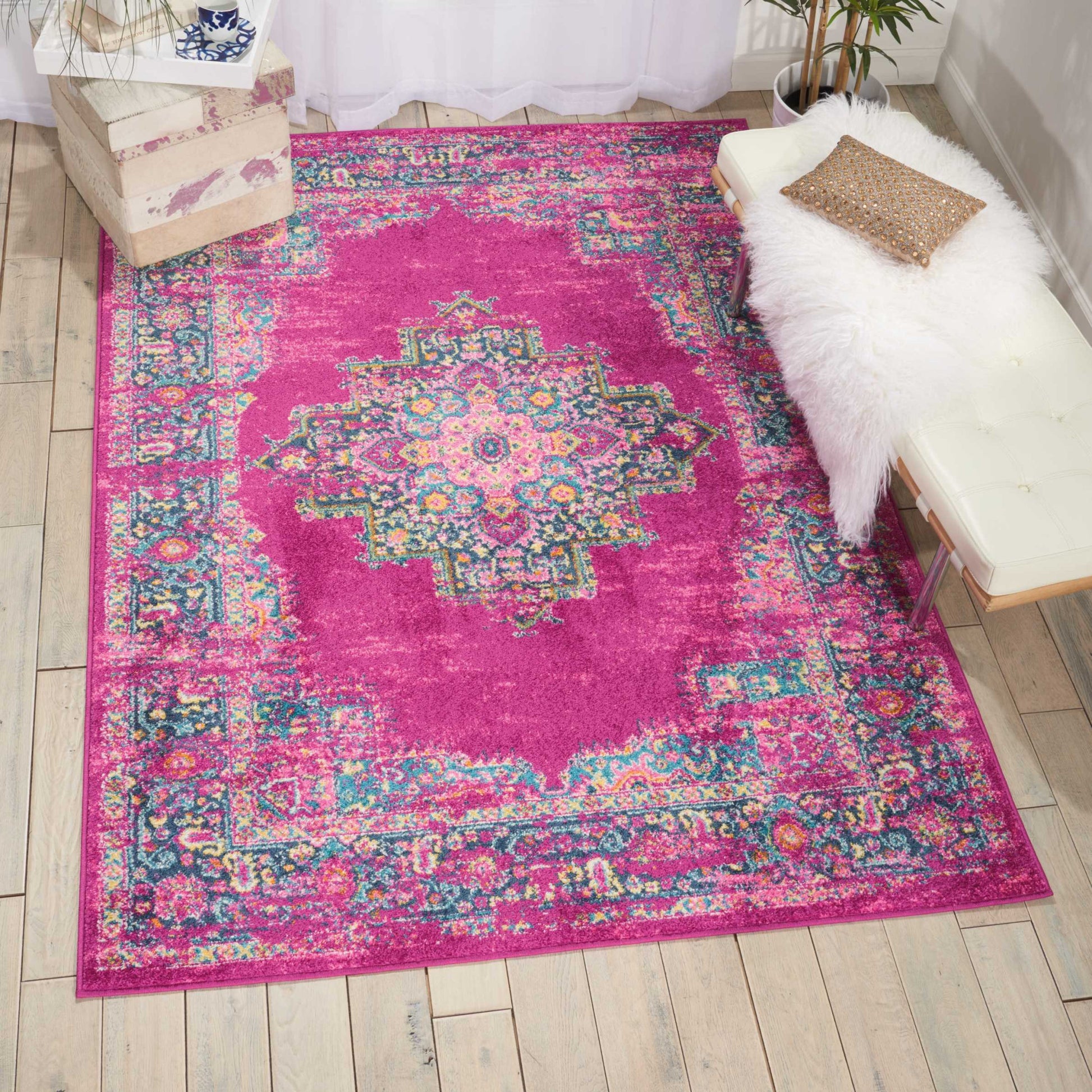 7' X 10' Fuchsia And Blue Oriental Distressed Area Rug-Area Rugs-DECOROLALA