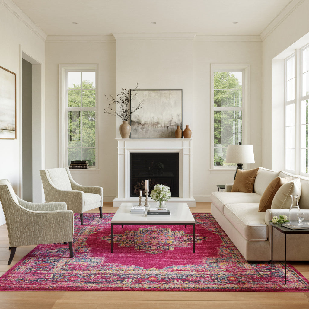 7' X 10' Fuchsia And Blue Oriental Distressed Area Rug-Area Rugs-DECOROLALA