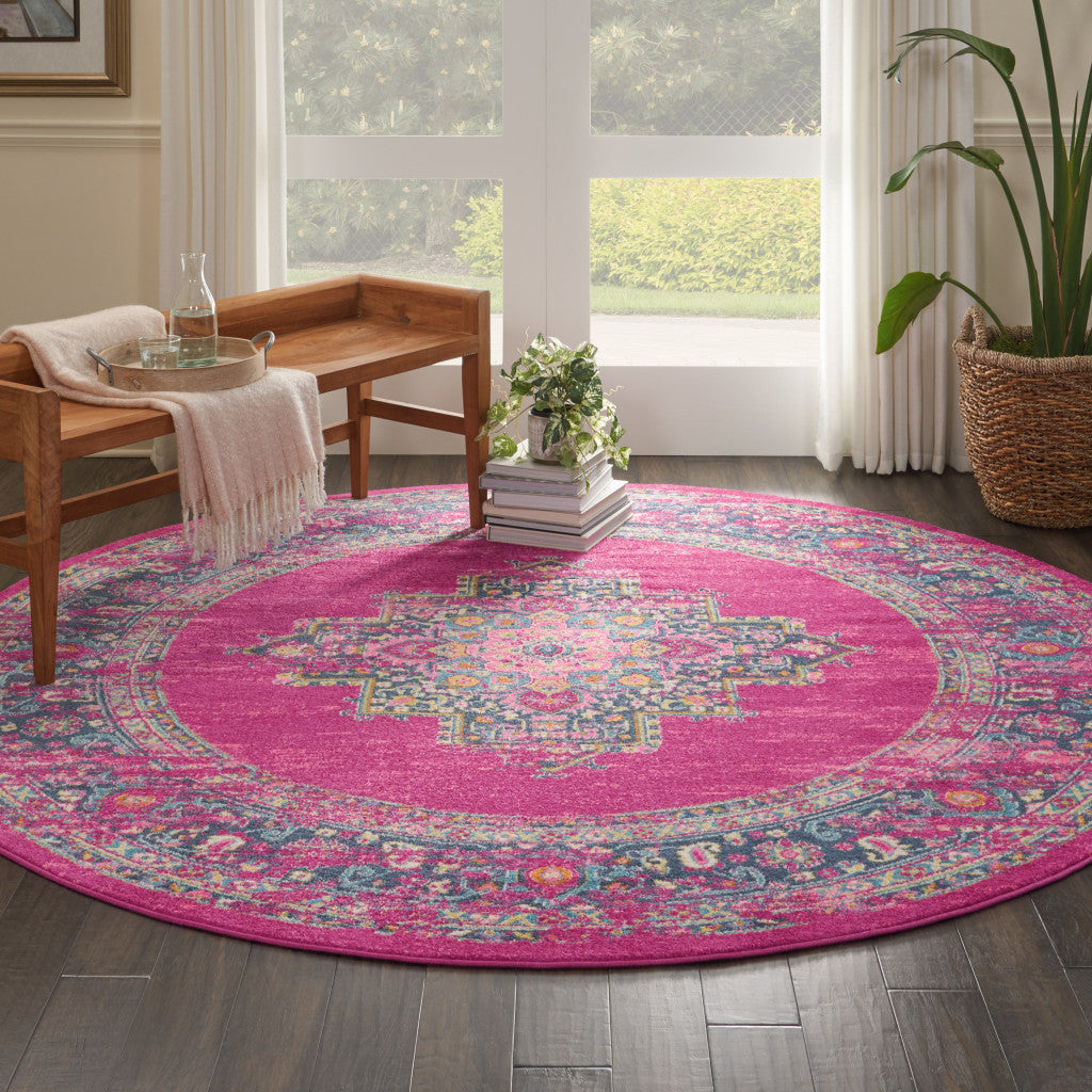 7' X 10' Fuchsia And Blue Oriental Distressed Area Rug-Area Rugs-DECOROLALA