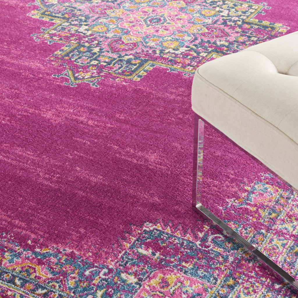 7' X 10' Fuchsia And Blue Oriental Distressed Area Rug-Area Rugs-DECOROLALA