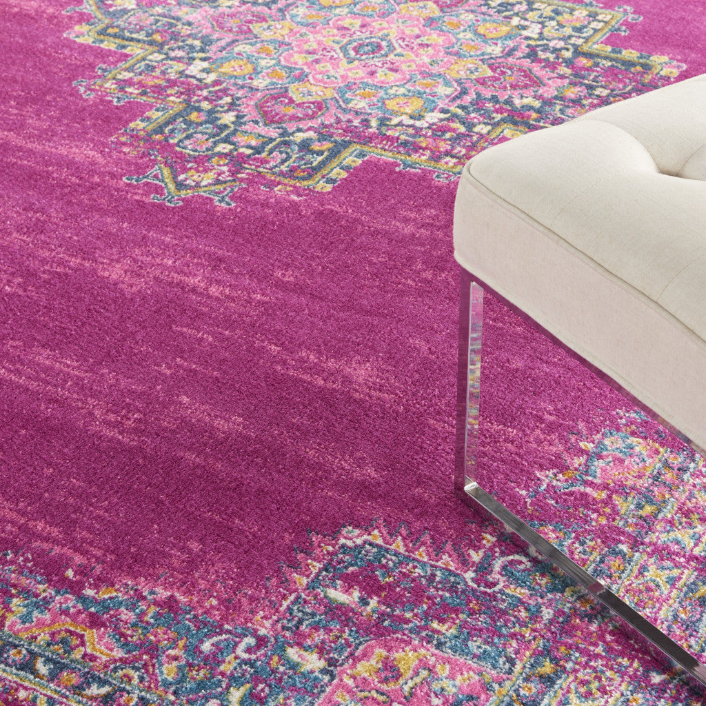7' X 10' Fuchsia And Blue Oriental Distressed Area Rug-Area Rugs-DECOROLALA
