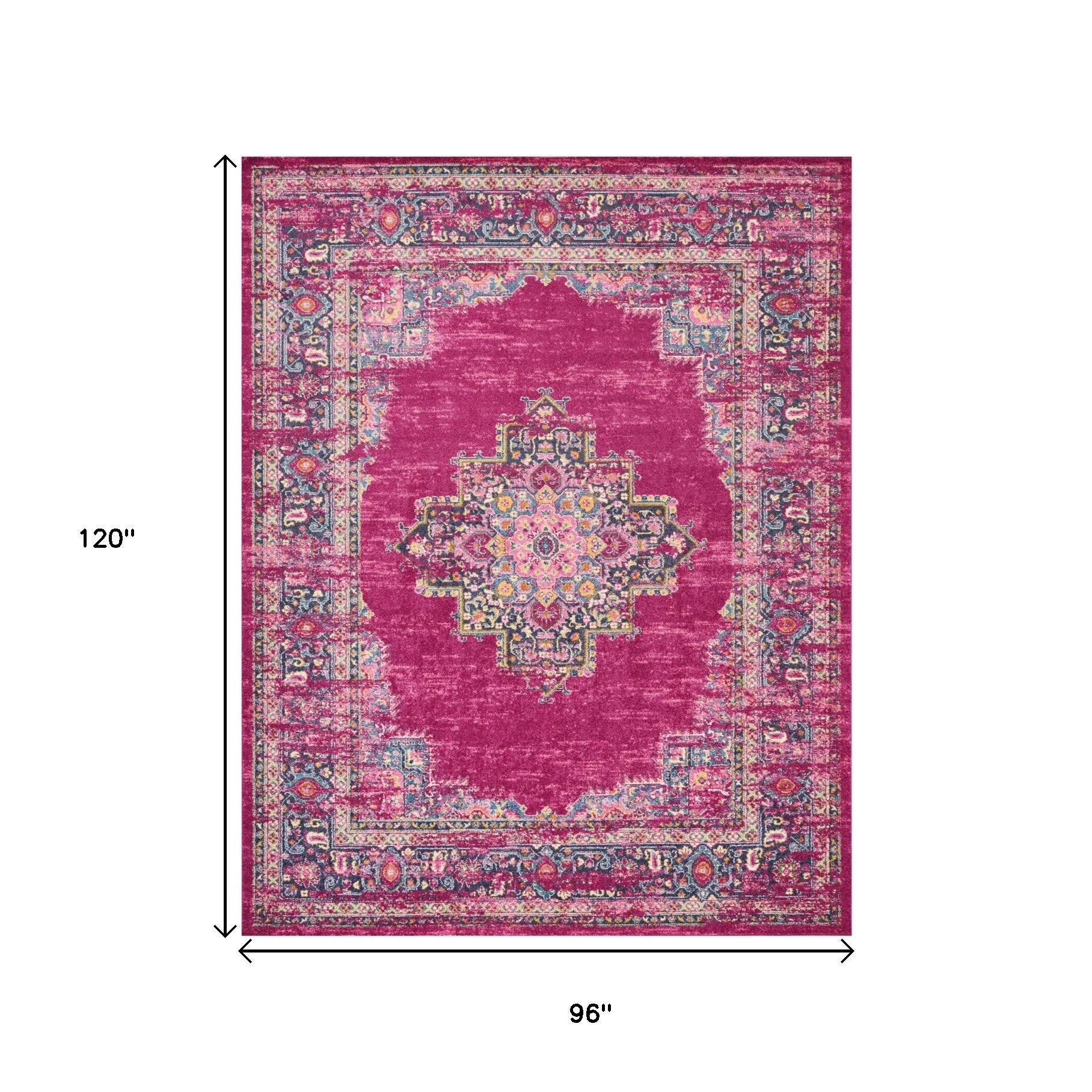 7' X 10' Fuchsia And Blue Oriental Distressed Area Rug-Area Rugs-DECOROLALA