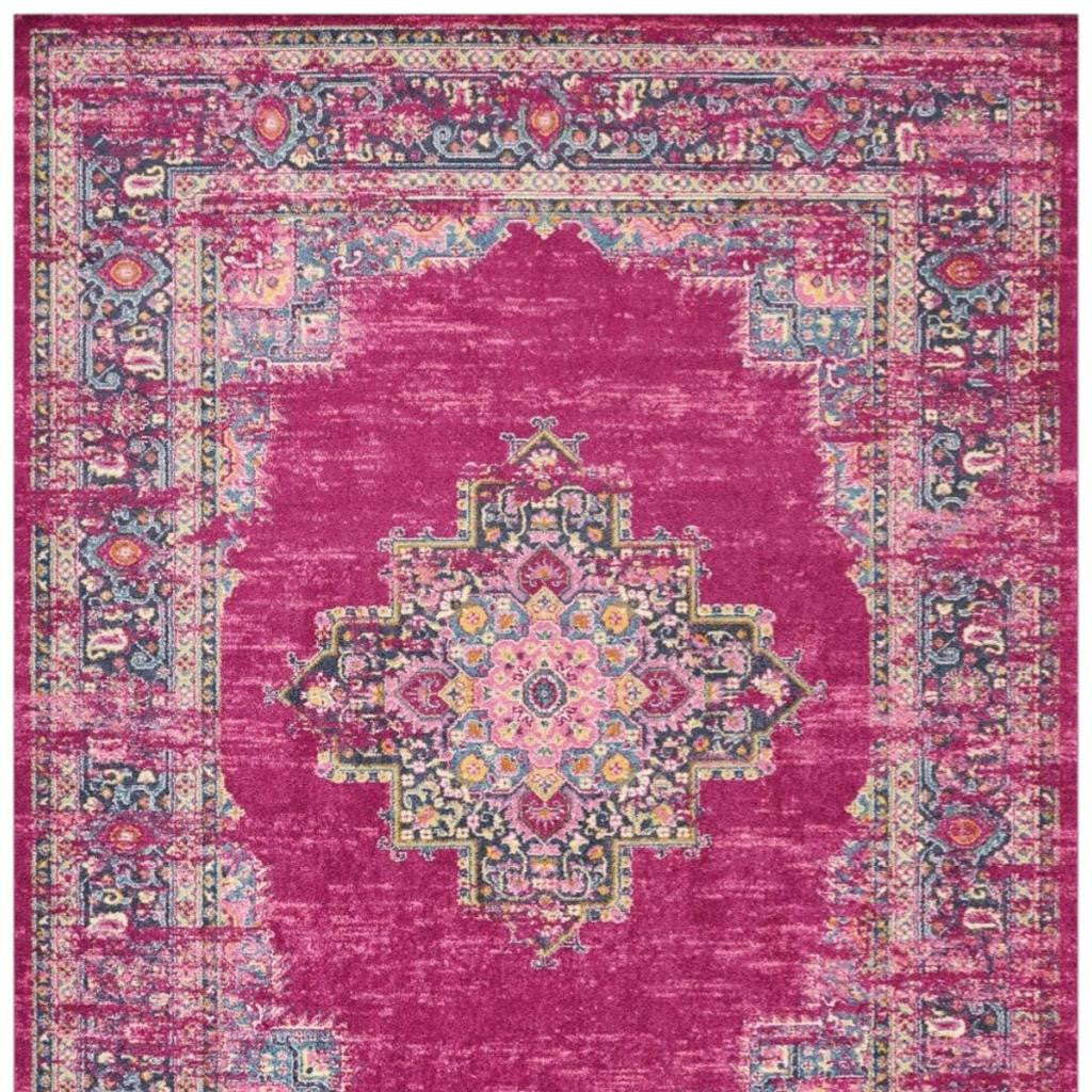 7' X 10' Fuchsia And Blue Oriental Distressed Area Rug-Area Rugs-DECOROLALA
