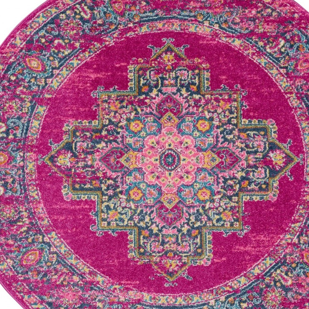 7' X 10' Fuchsia And Blue Oriental Distressed Area Rug-Area Rugs-DECOROLALA
