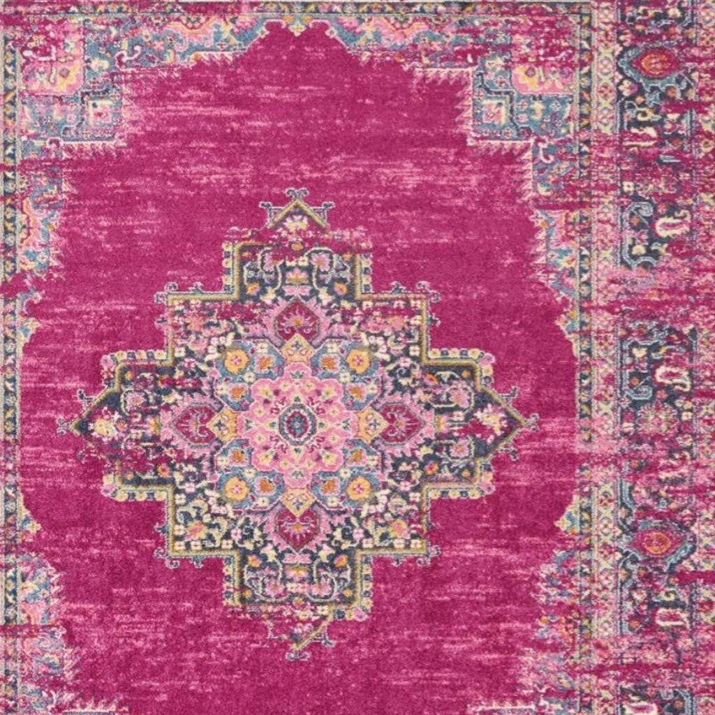 7' X 10' Fuchsia And Blue Oriental Distressed Area Rug-Area Rugs-DECOROLALA