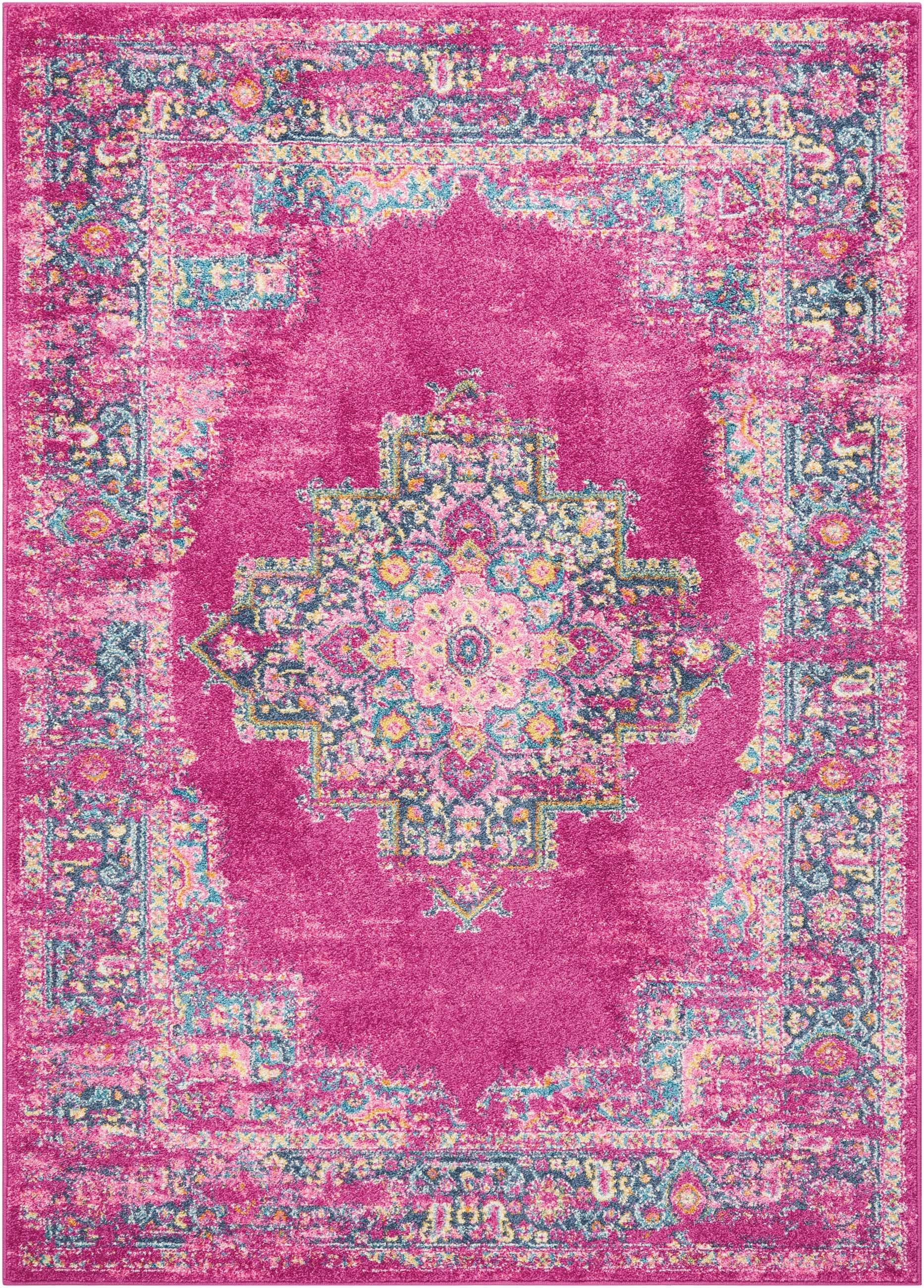 7' X 10' Fuchsia And Blue Oriental Distressed Area Rug-Area Rugs-DECOROLALA