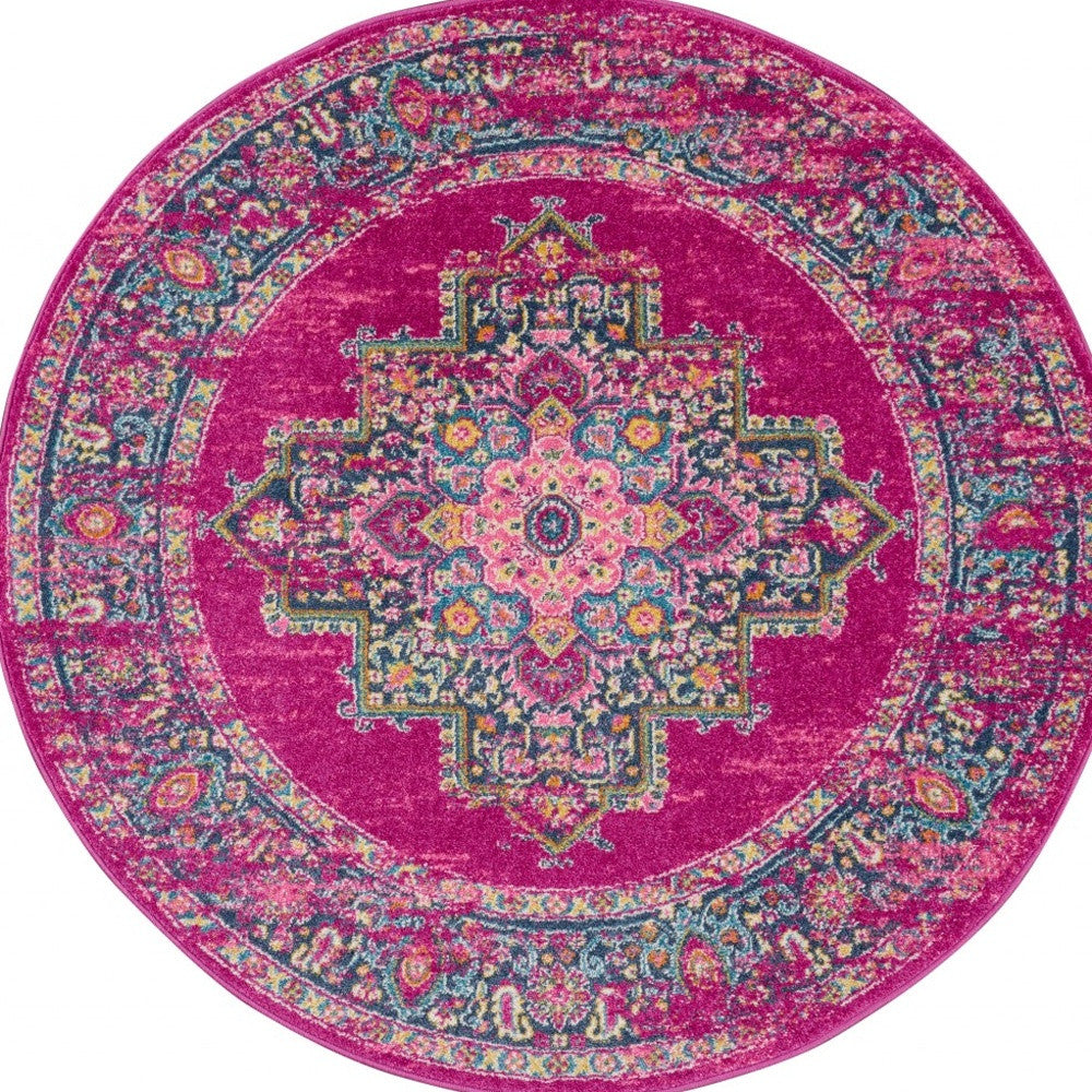 7' X 10' Fuchsia And Blue Oriental Distressed Area Rug-Area Rugs-DECOROLALA