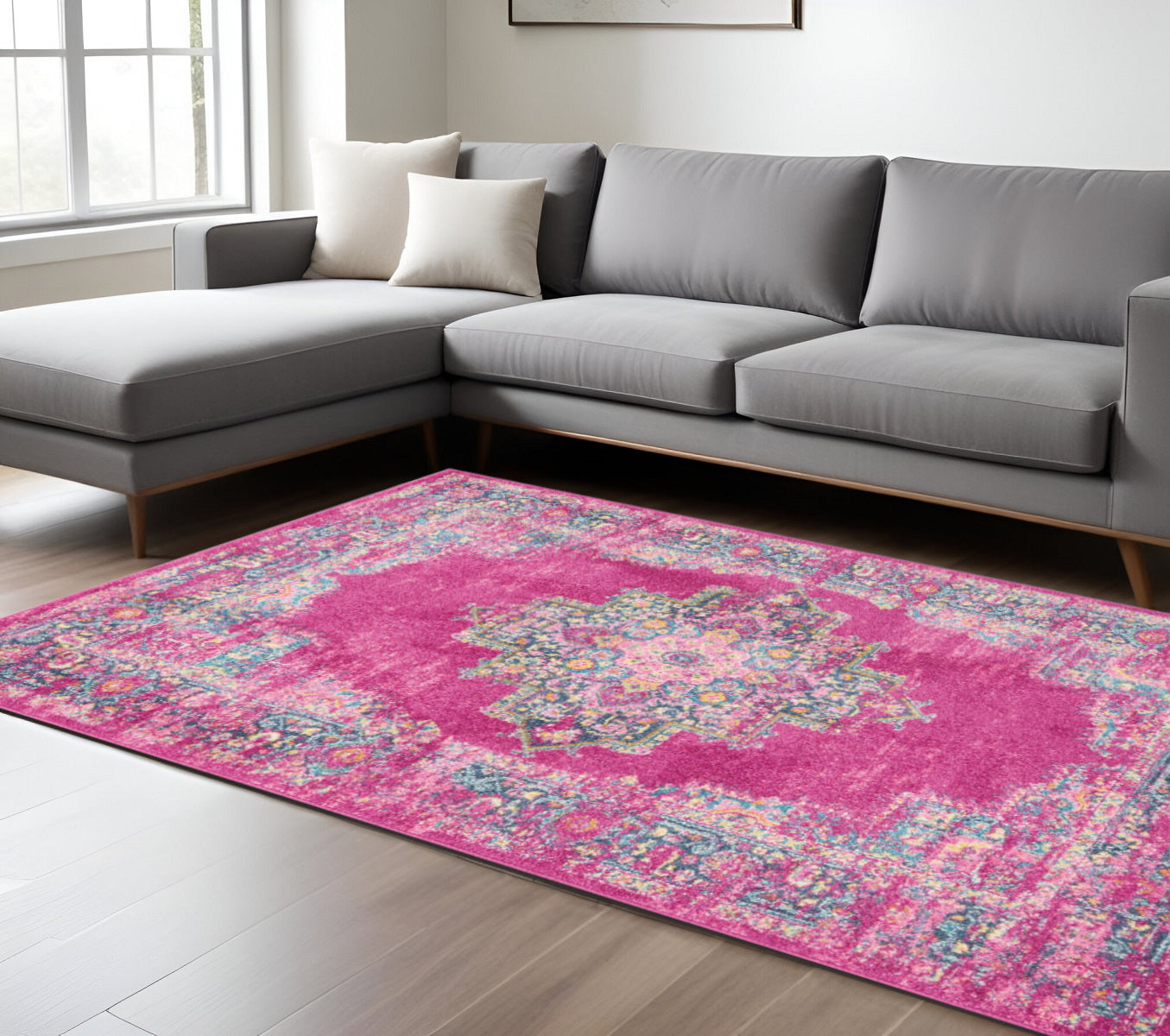 7' X 10' Fuchsia And Blue Oriental Distressed Area Rug-Area Rugs-DECOROLALA
