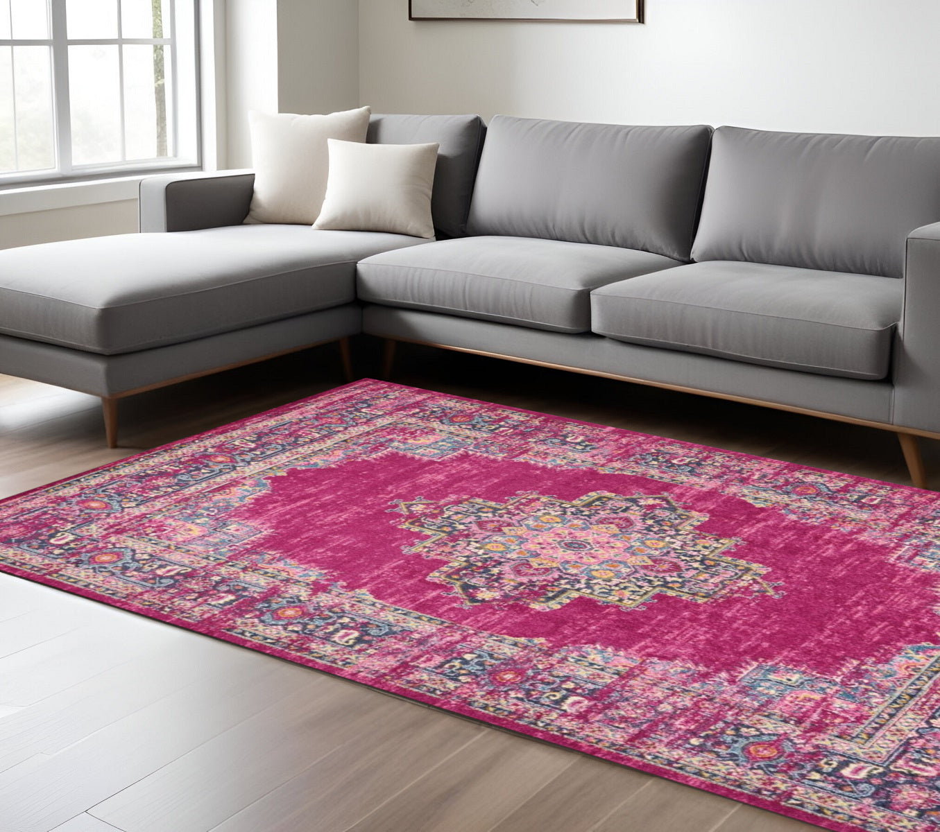 7' X 10' Fuchsia And Blue Oriental Distressed Area Rug-Area Rugs-DECOROLALA