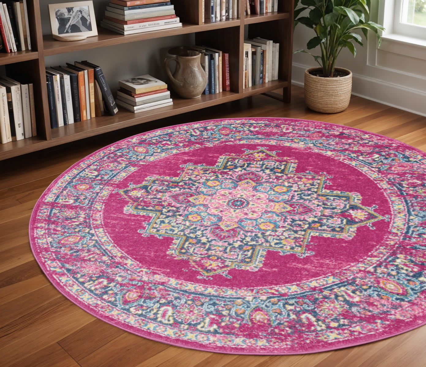 7' X 10' Fuchsia And Blue Oriental Distressed Area Rug-Area Rugs-DECOROLALA