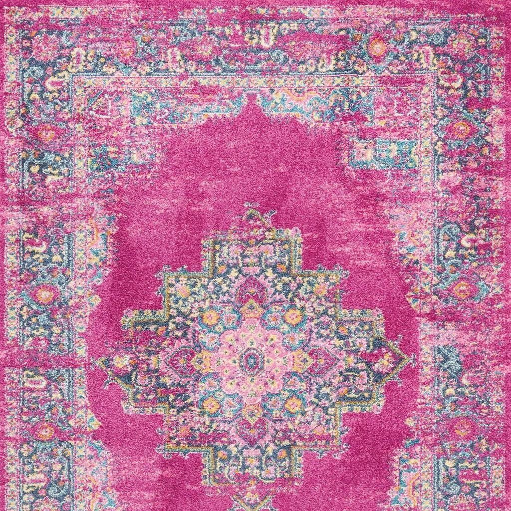 7' X 10' Fuchsia And Blue Oriental Distressed Area Rug-Area Rugs-DECOROLALA