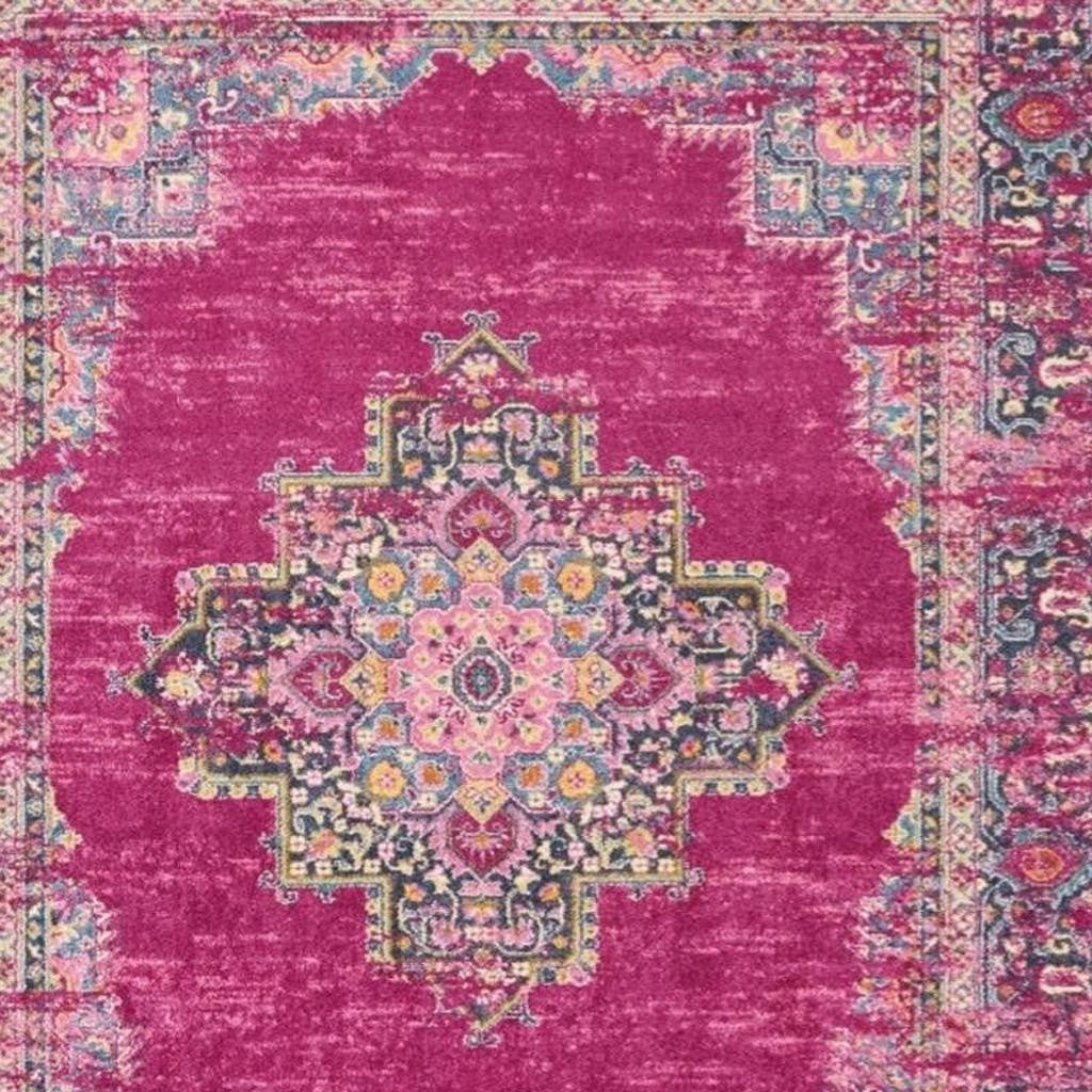 7' X 10' Fuchsia And Blue Oriental Distressed Area Rug-Area Rugs-DECOROLALA