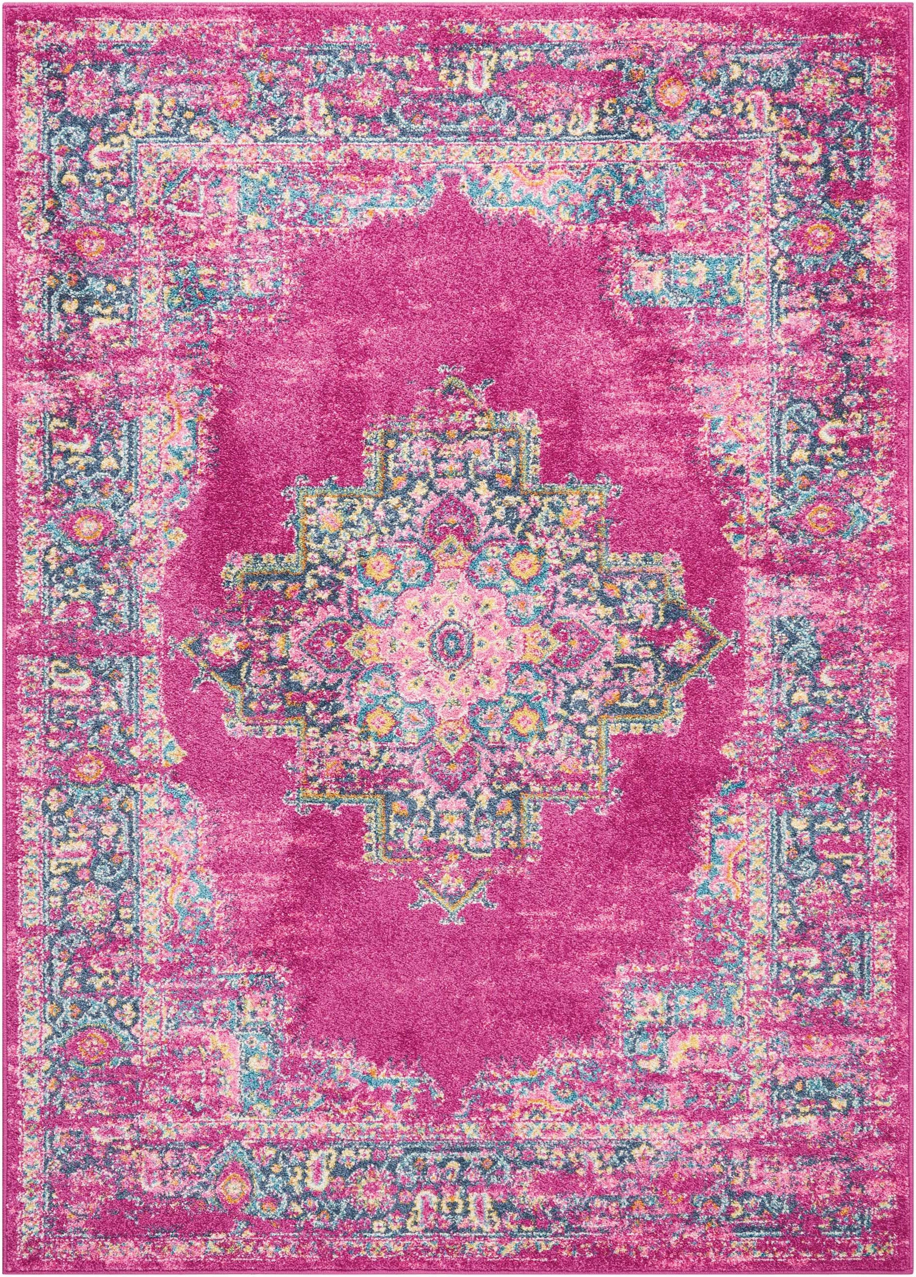 7' X 10' Fuchsia And Blue Oriental Distressed Area Rug-Area Rugs-DECOROLALA