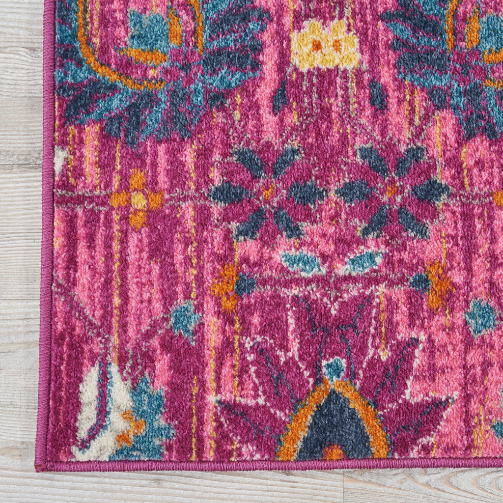 7' X 10' Fuchsia And Orange Floral Distressed Area Rug-Area Rugs-DECOROLALA