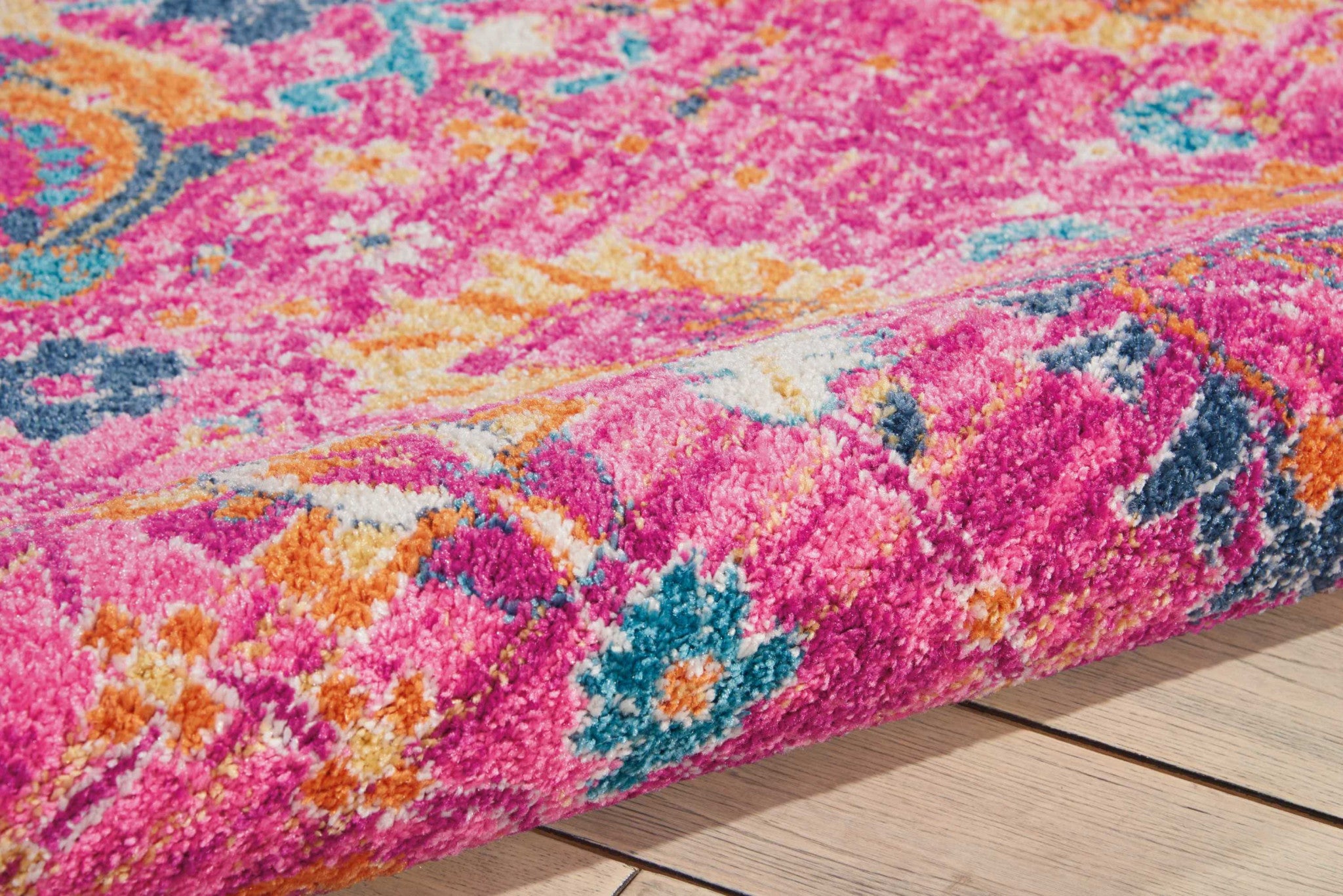 7' X 10' Fuchsia And Orange Floral Distressed Area Rug-Area Rugs-DECOROLALA