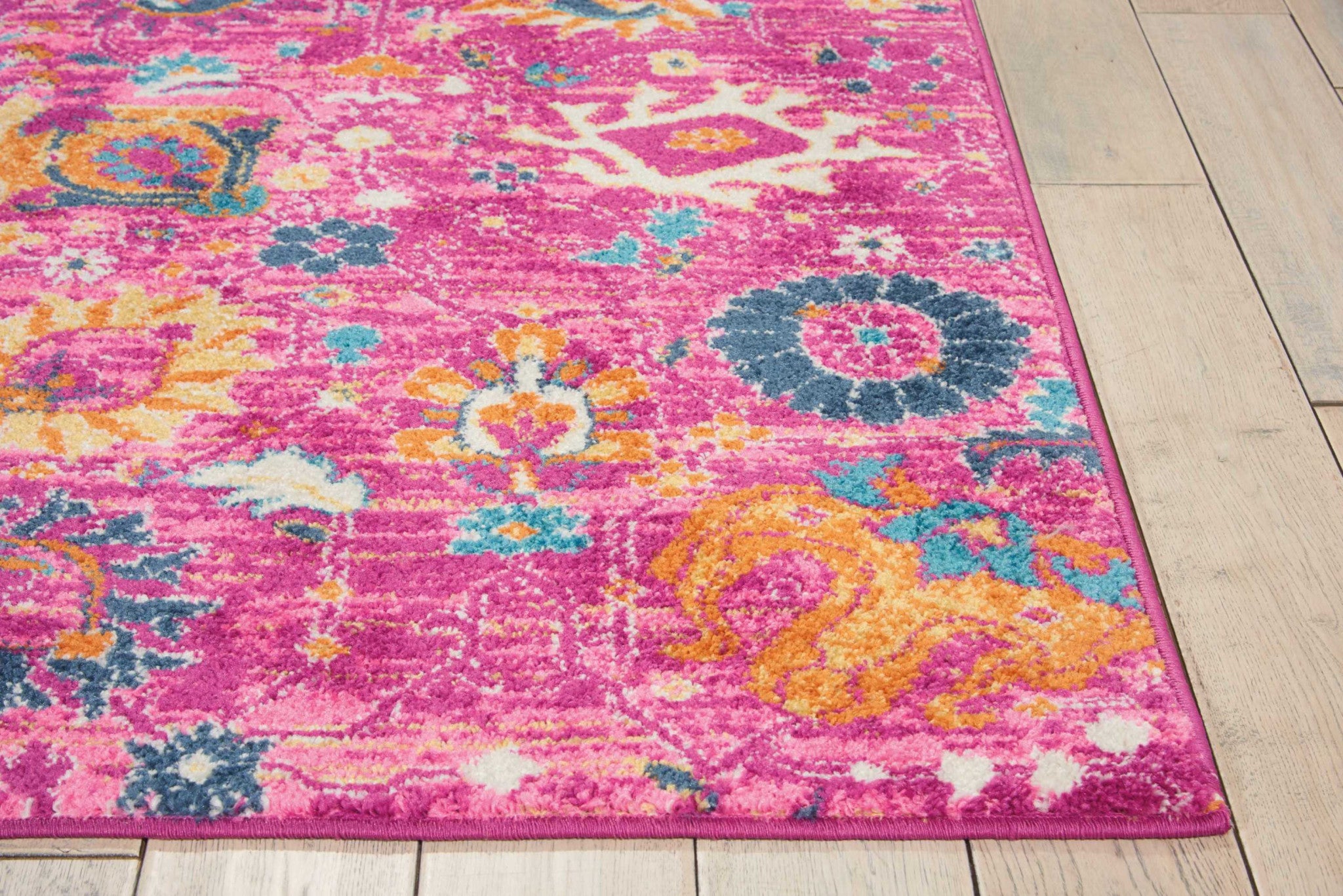 7' X 10' Fuchsia And Orange Floral Distressed Area Rug-Area Rugs-DECOROLALA