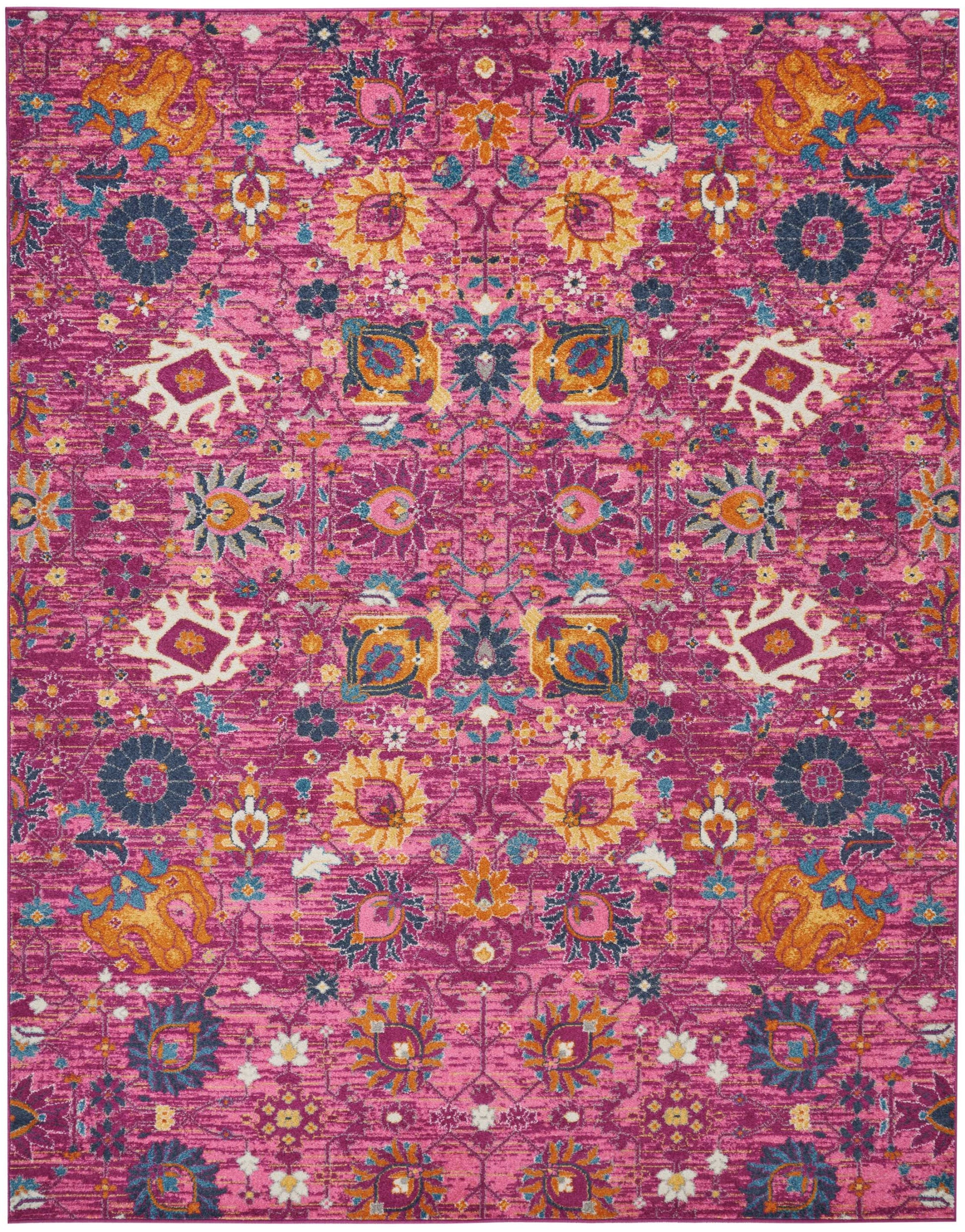 7' X 10' Fuchsia And Orange Floral Distressed Area Rug-Area Rugs-DECOROLALA