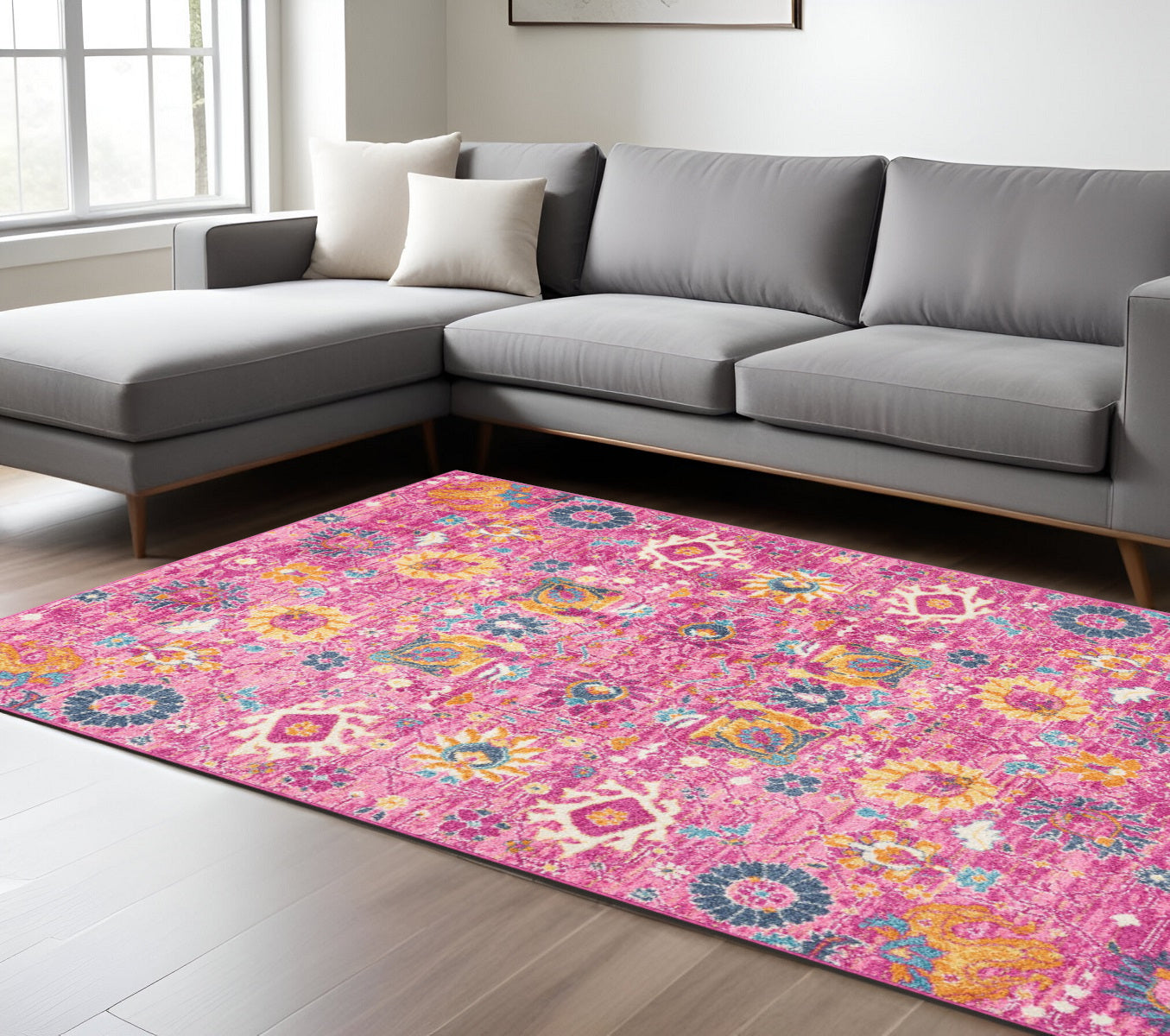 7' X 10' Fuchsia And Orange Floral Distressed Area Rug-Area Rugs-DECOROLALA