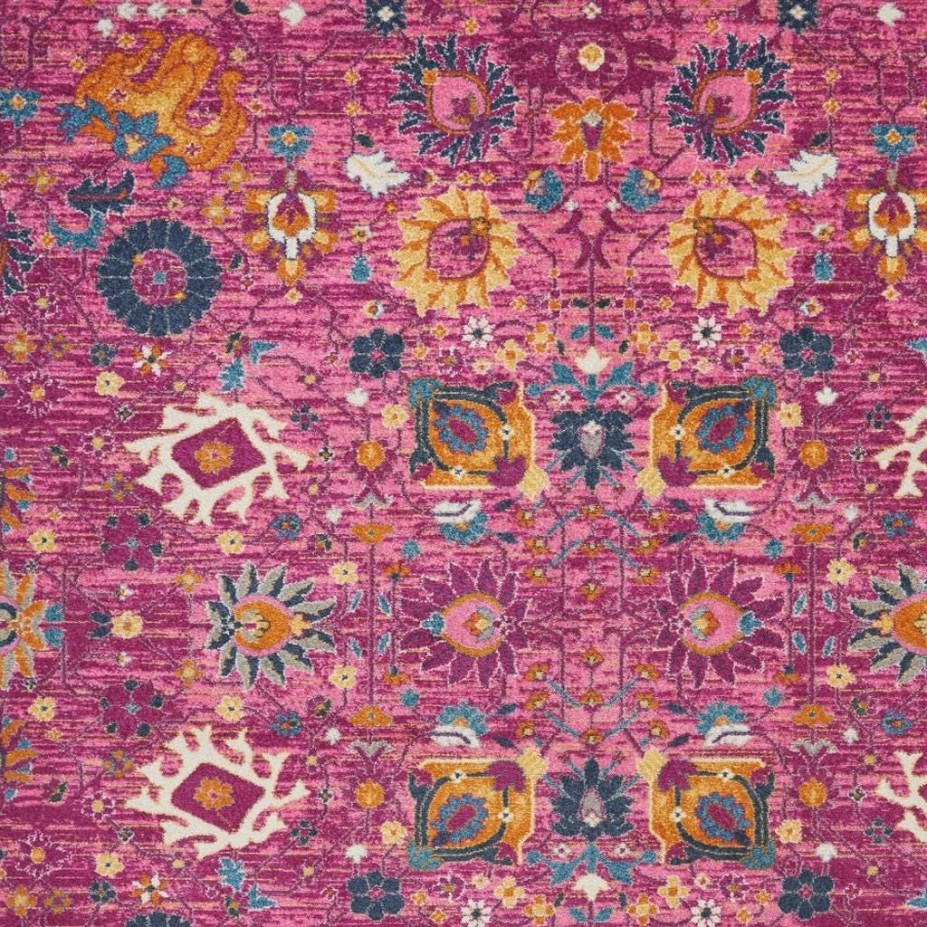 7' X 10' Fuchsia And Orange Floral Distressed Area Rug-Area Rugs-DECOROLALA