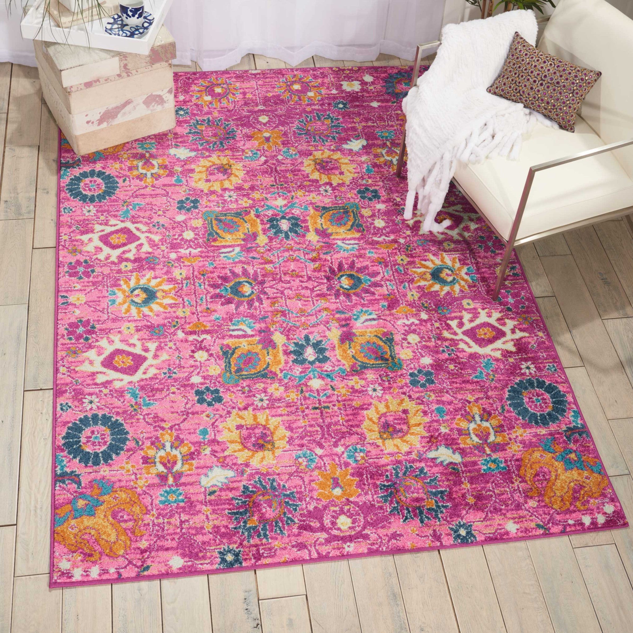 7' X 10' Fuchsia And Orange Floral Distressed Area Rug-Area Rugs-DECOROLALA