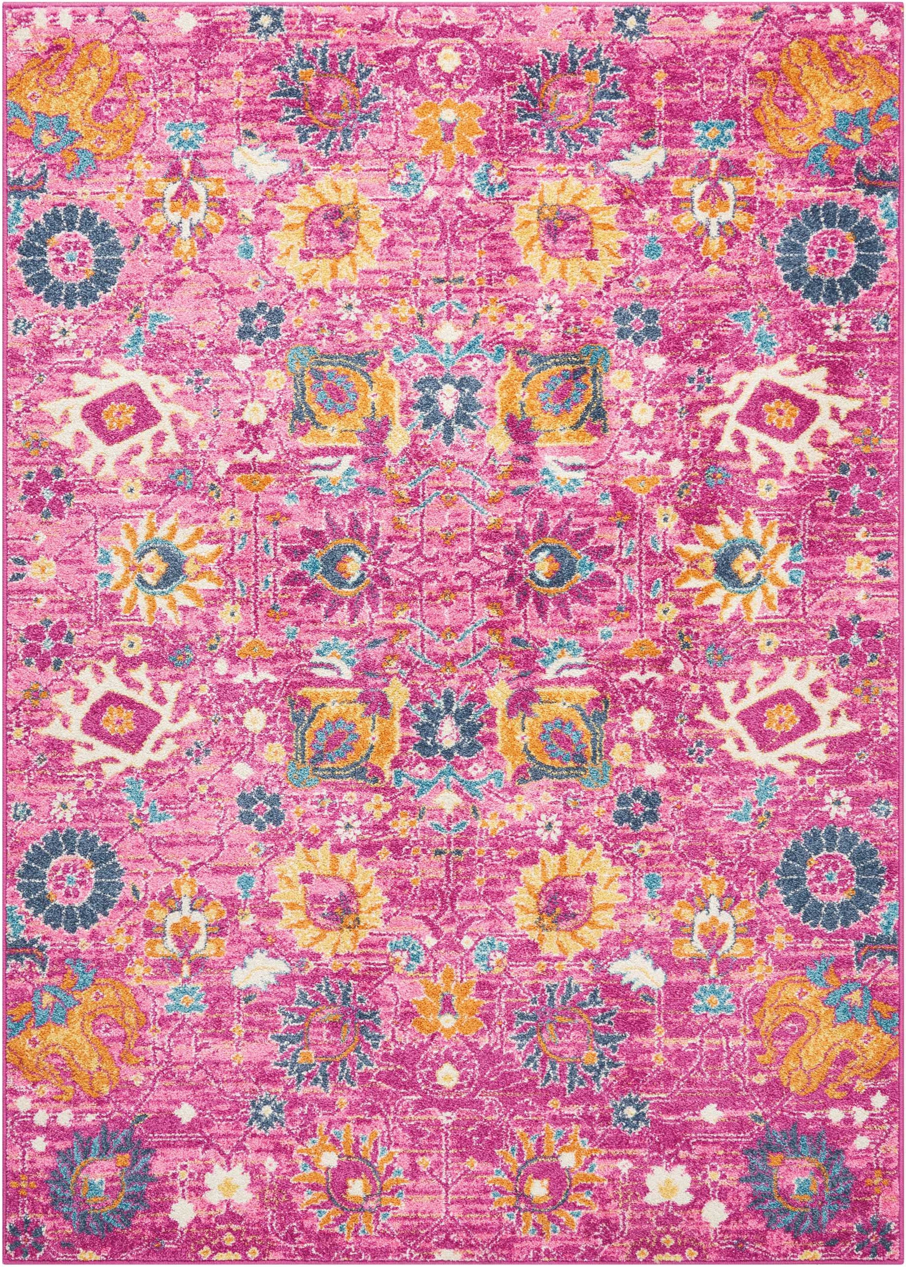 7' X 10' Fuchsia And Orange Floral Distressed Area Rug-Area Rugs-DECOROLALA