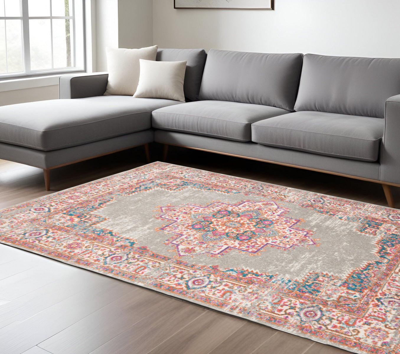 7' X 10' Gray And Gold Medallion Distressed Area Rug-Area Rugs-DECOROLALA