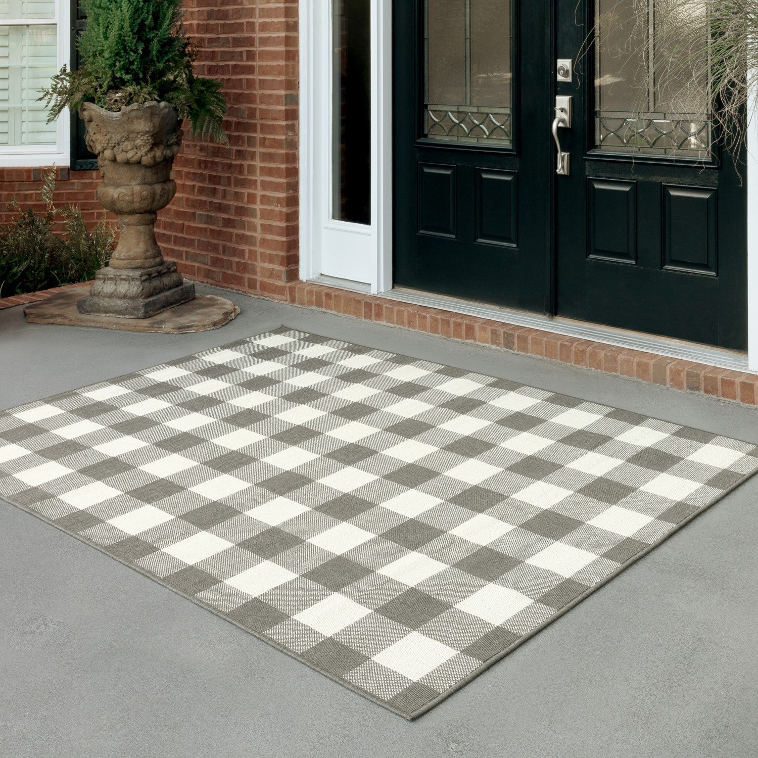 7' X 10' Gray And Ivory Indoor Outdoor Area Rug-Outdoor Rugs-DECOROLALA