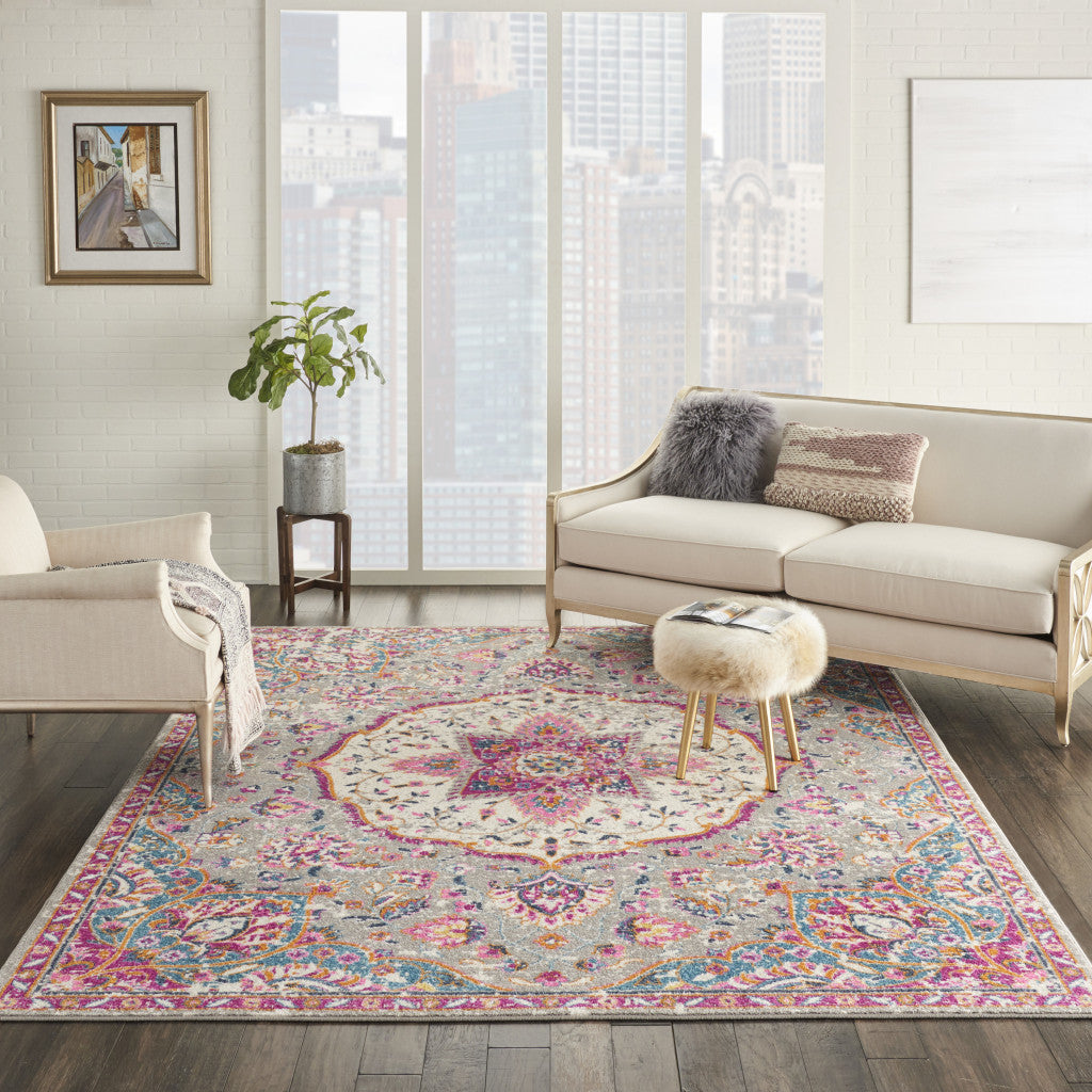 7' X 10' Gray And Ivory Medallion Area Rug-Area Rugs-DECOROLALA