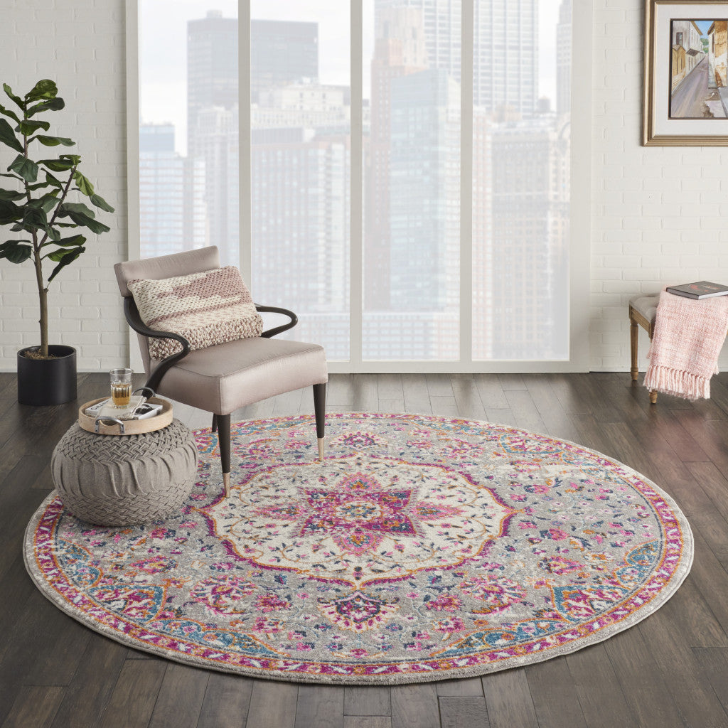 7' X 10' Gray And Ivory Medallion Area Rug-Area Rugs-DECOROLALA