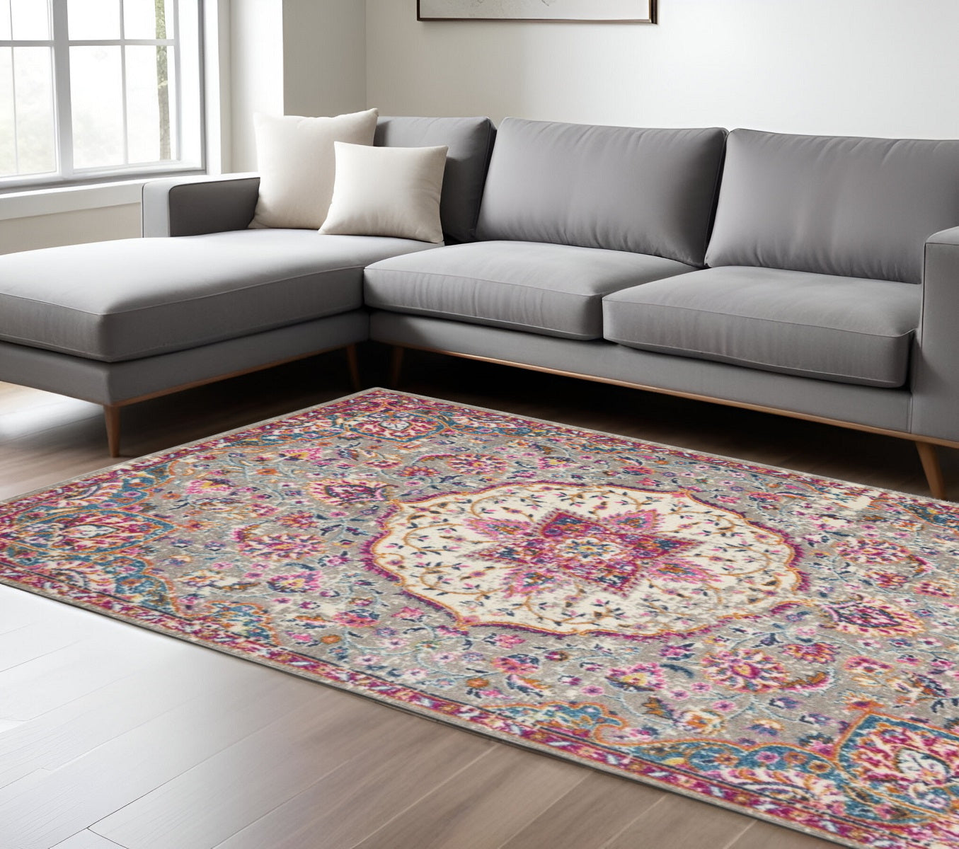 7' X 10' Gray And Ivory Medallion Area Rug-Area Rugs-DECOROLALA