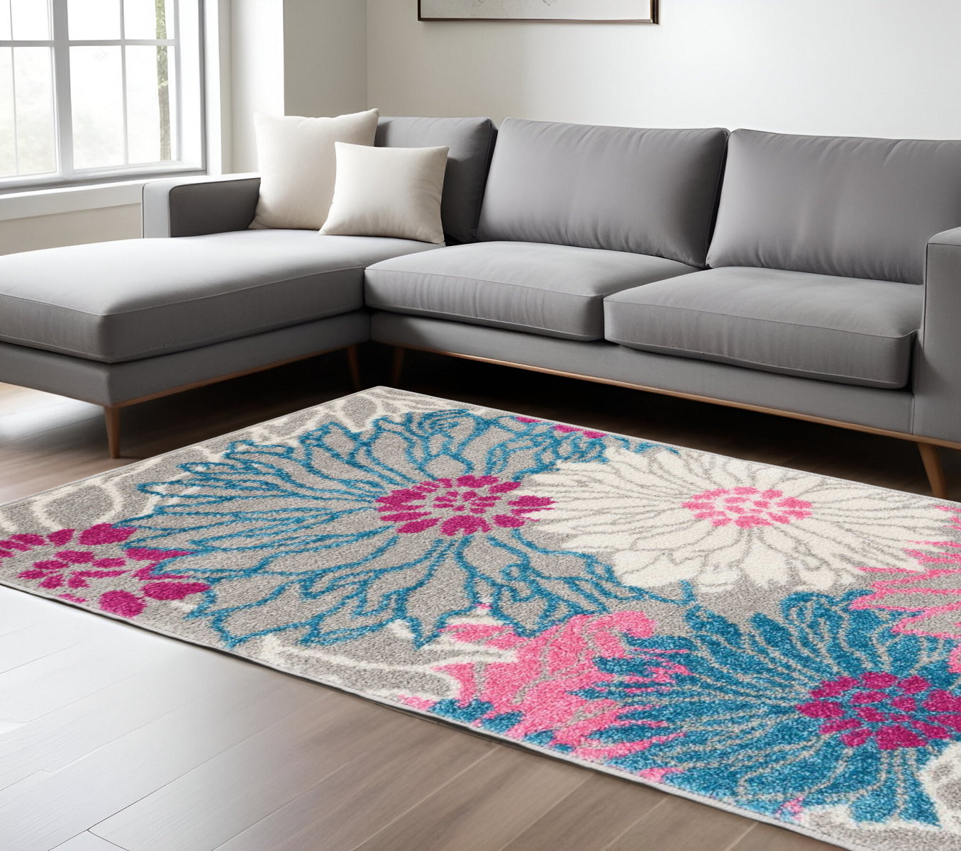 7' X 10' Gray And Pink Floral Area Rug-Area Rugs-DECOROLALA