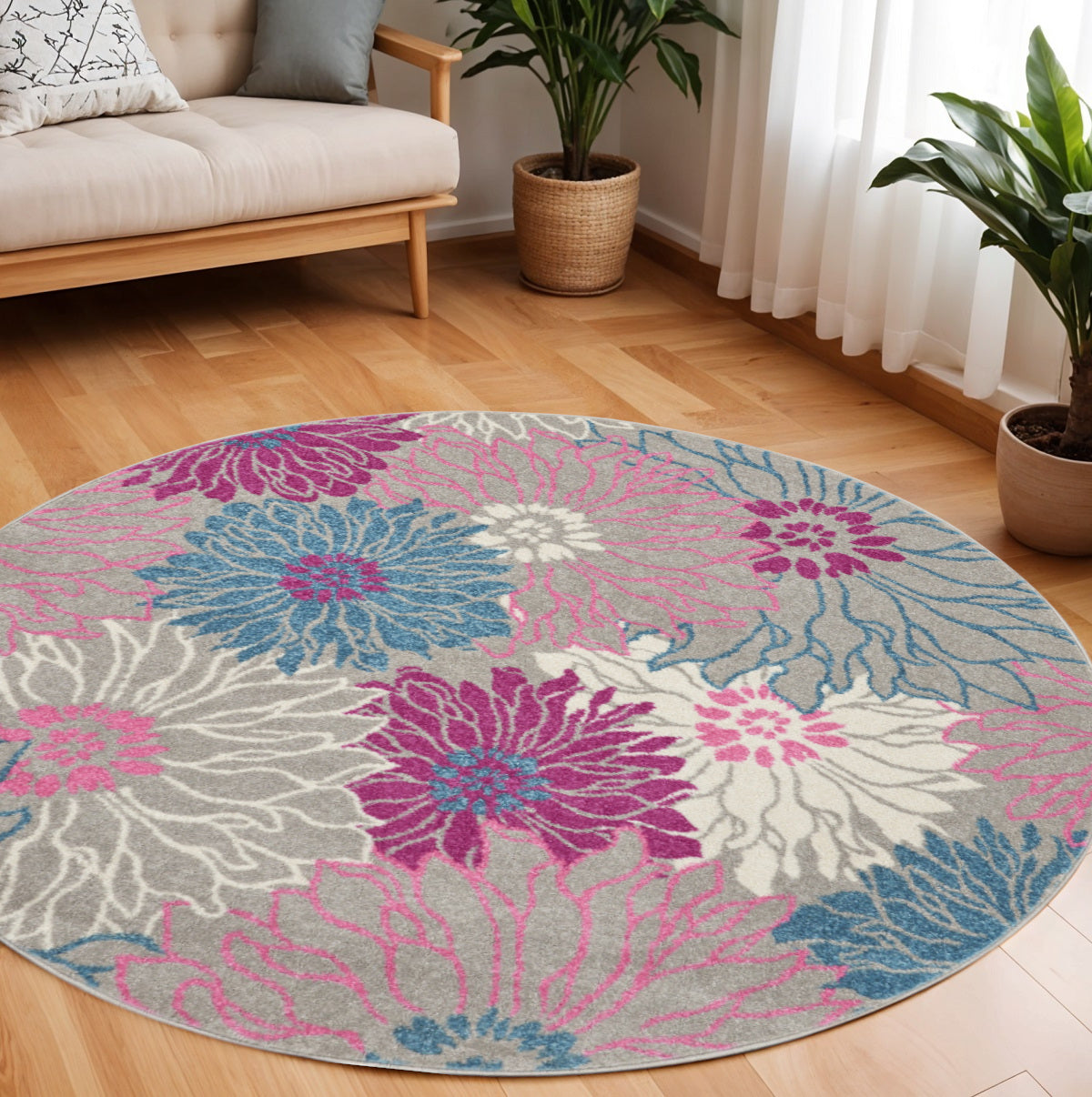 7' X 10' Gray And Pink Floral Area Rug-Area Rugs-DECOROLALA