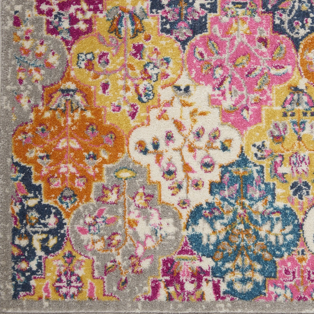 7' X 10' Gray Blue And Orange Quatrefoil Distressed Area Rug-Area Rugs-DECOROLALA