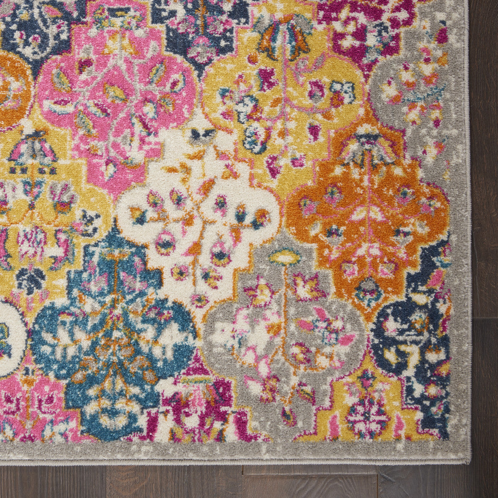 7' X 10' Gray Blue And Orange Quatrefoil Distressed Area Rug-Area Rugs-DECOROLALA