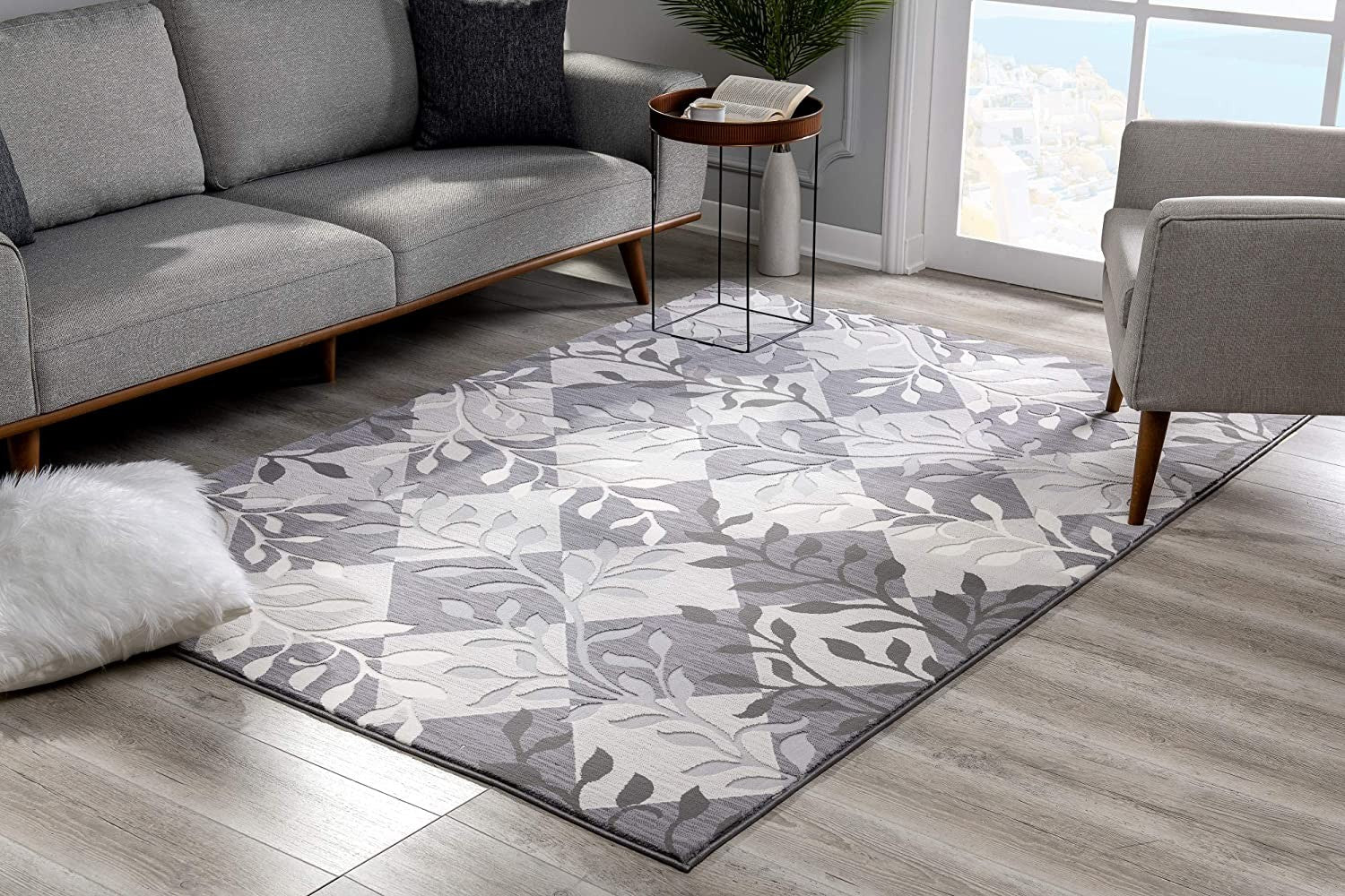 7' X 10' Gray Diamond And Vines Area Rug-Area Rugs-DECOROLALA