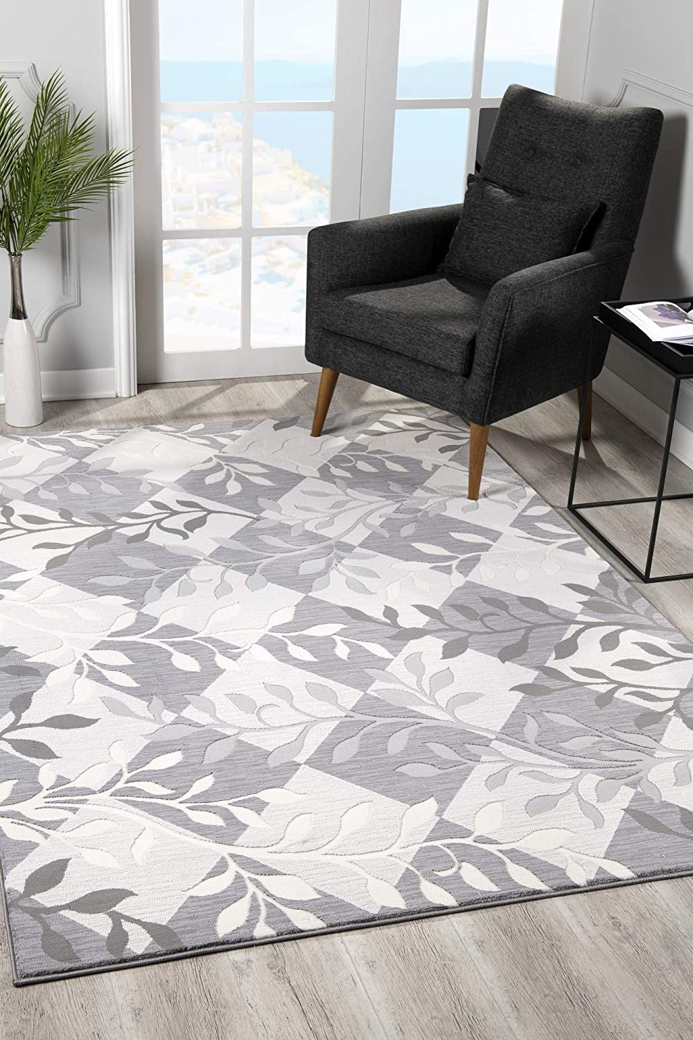 7' X 10' Gray Diamond And Vines Area Rug-Area Rugs-DECOROLALA