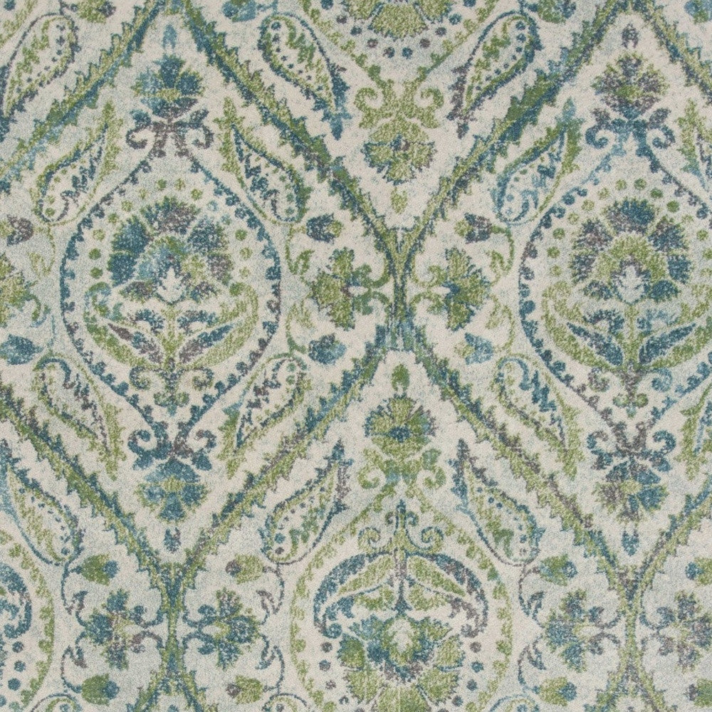 7' X 10' Green Ivory And Teal Medallion Area Rug-Area Rugs-DECOROLALA