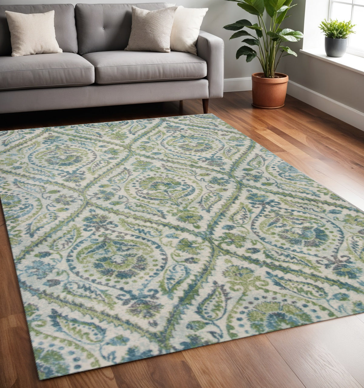 7' X 10' Green Ivory And Teal Medallion Area Rug-Area Rugs-DECOROLALA