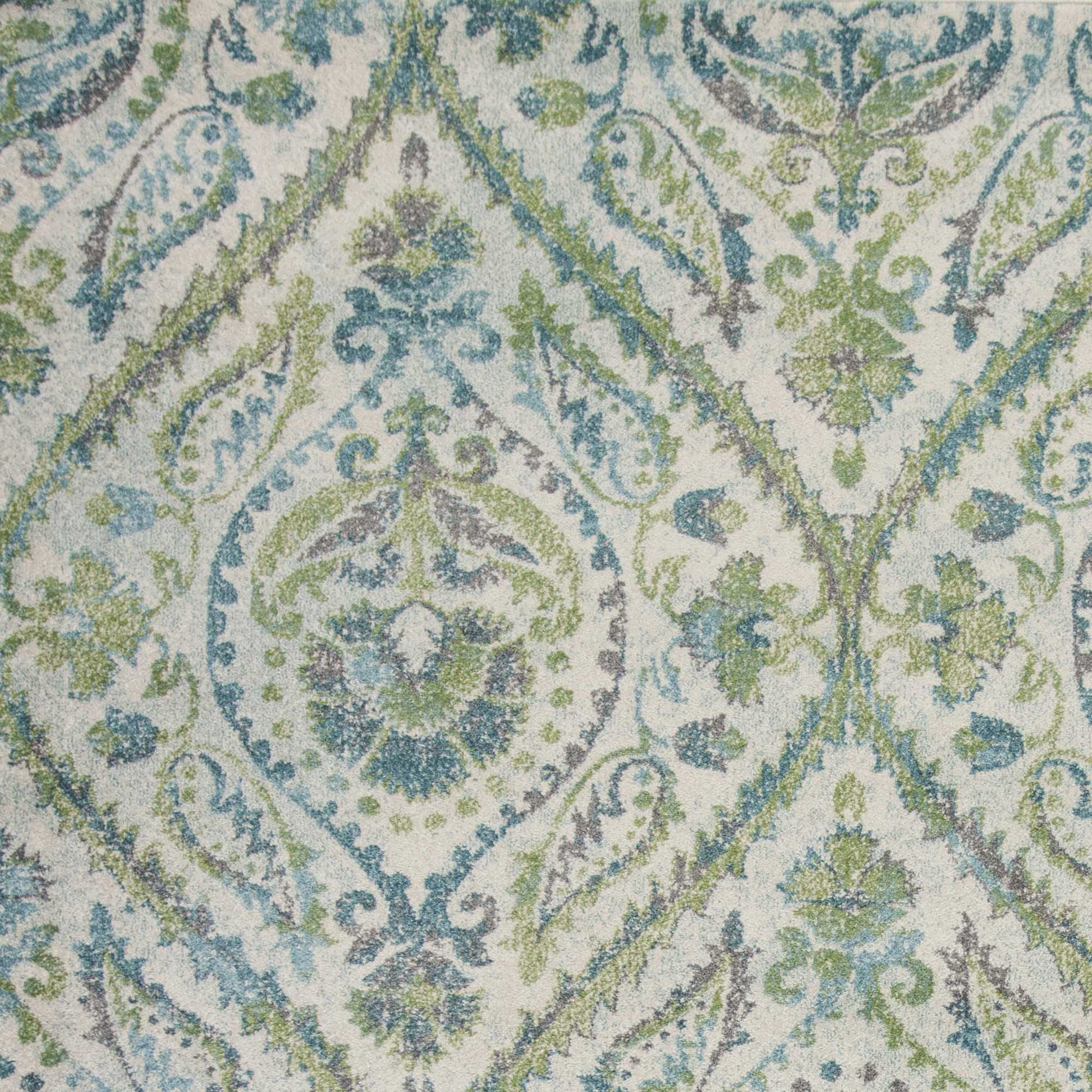 7' X 10' Green Ivory And Teal Medallion Area Rug-Area Rugs-DECOROLALA