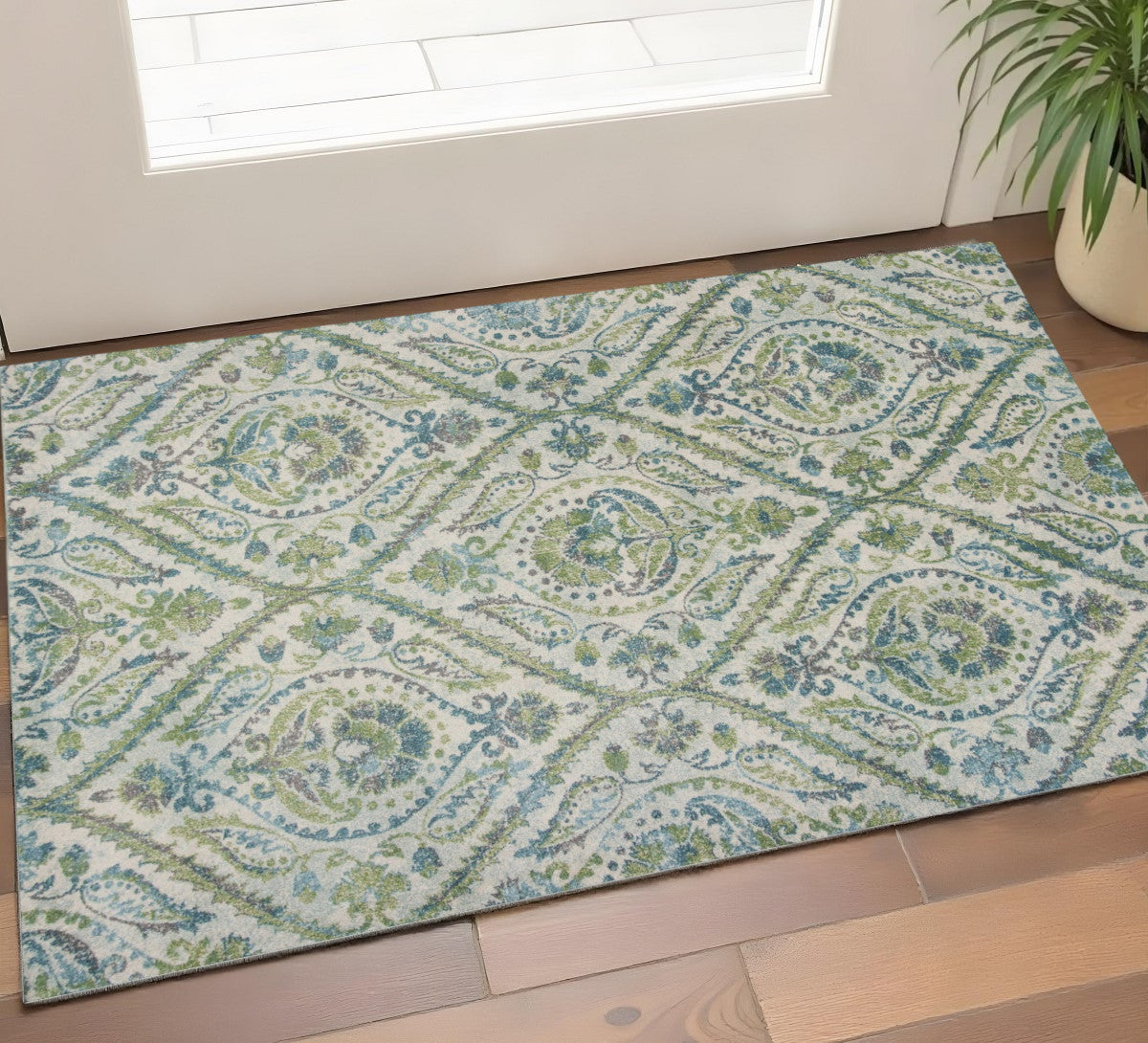 7' X 10' Green Ivory And Teal Medallion Area Rug-Area Rugs-DECOROLALA