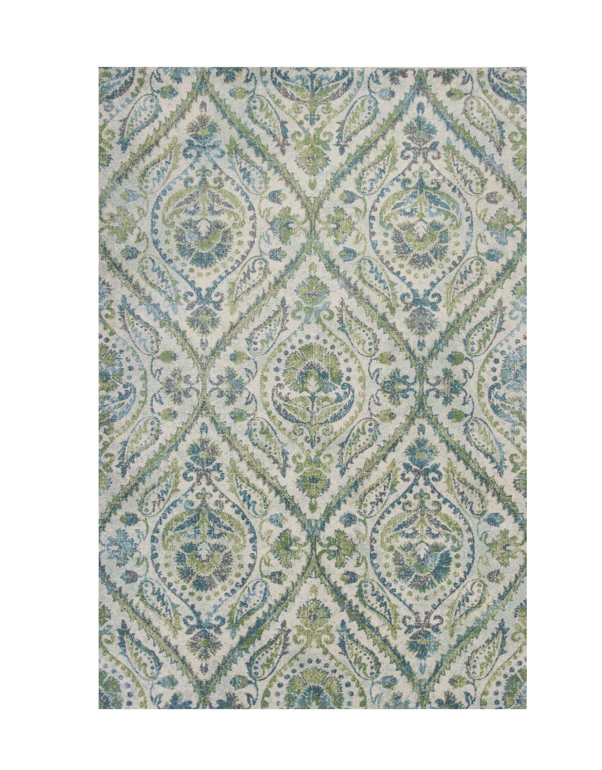 7' X 10' Green Ivory And Teal Medallion Area Rug-Area Rugs-DECOROLALA