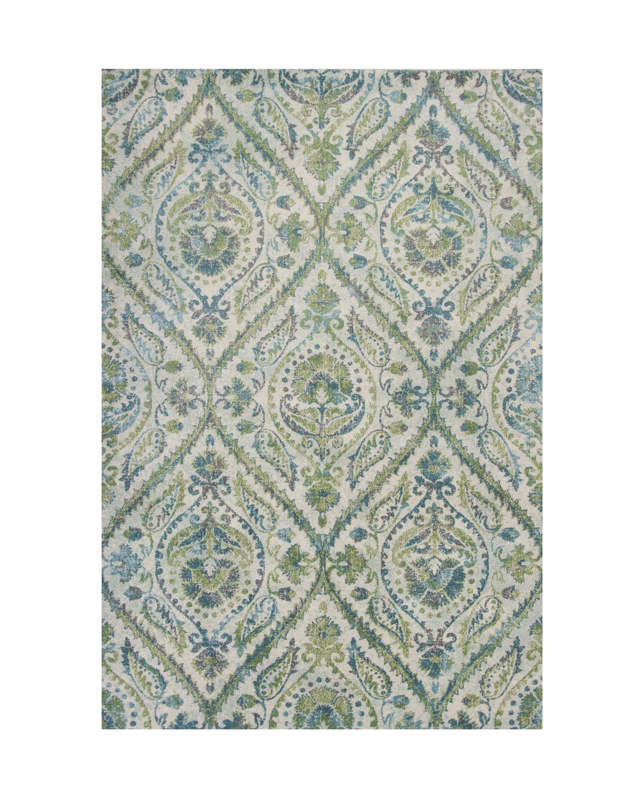 7' X 10' Green Ivory And Teal Medallion Area Rug-Area Rugs-DECOROLALA
