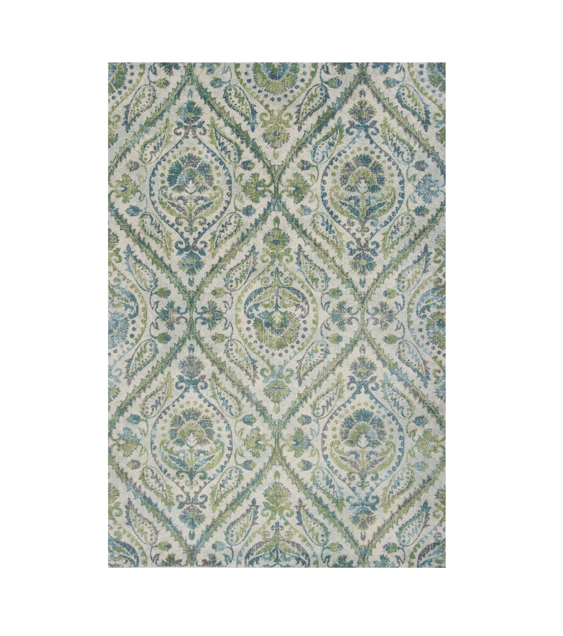 7' X 10' Green Ivory And Teal Medallion Area Rug-Area Rugs-DECOROLALA