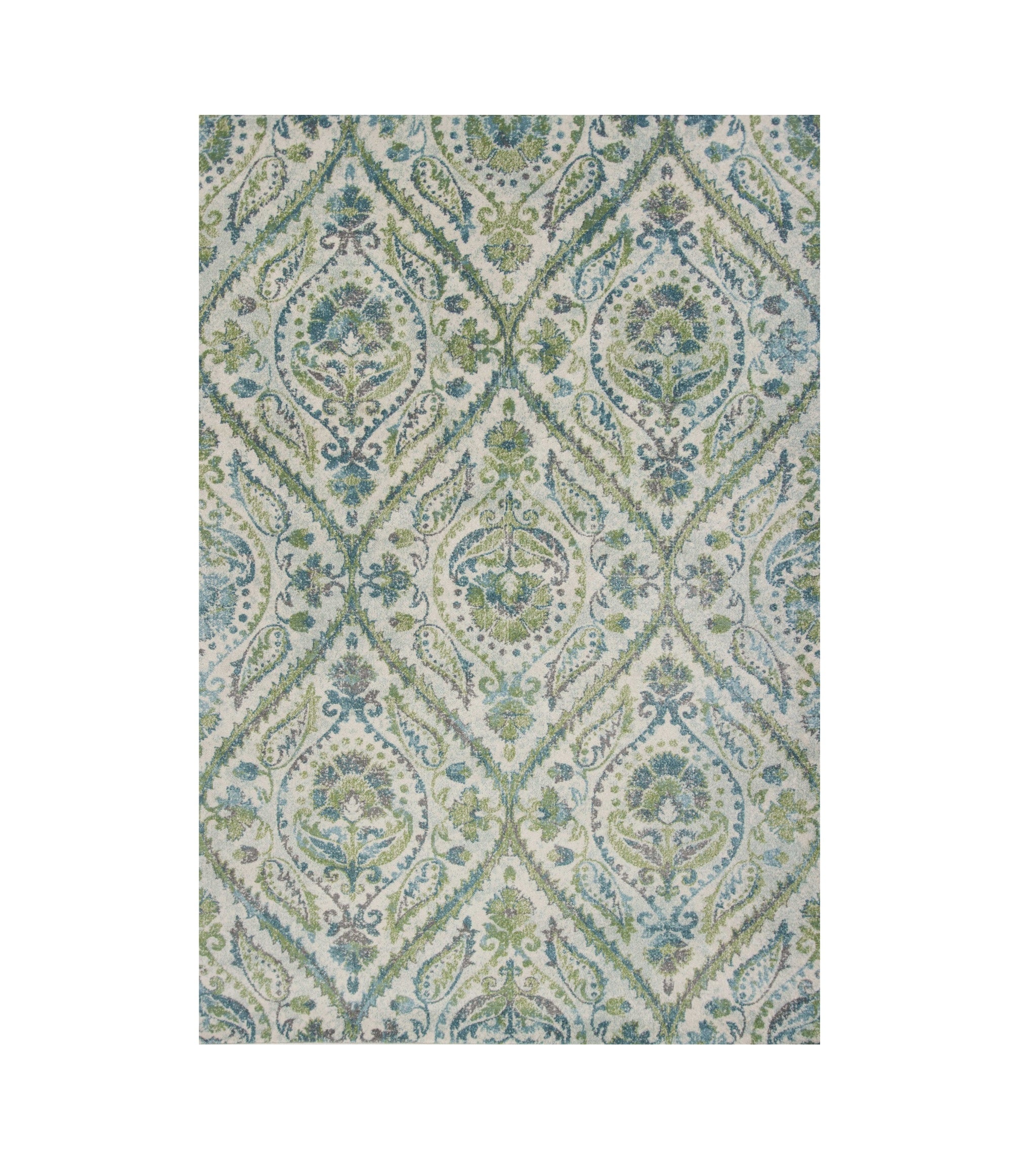 7' X 10' Green Ivory And Teal Medallion Area Rug-Area Rugs-DECOROLALA