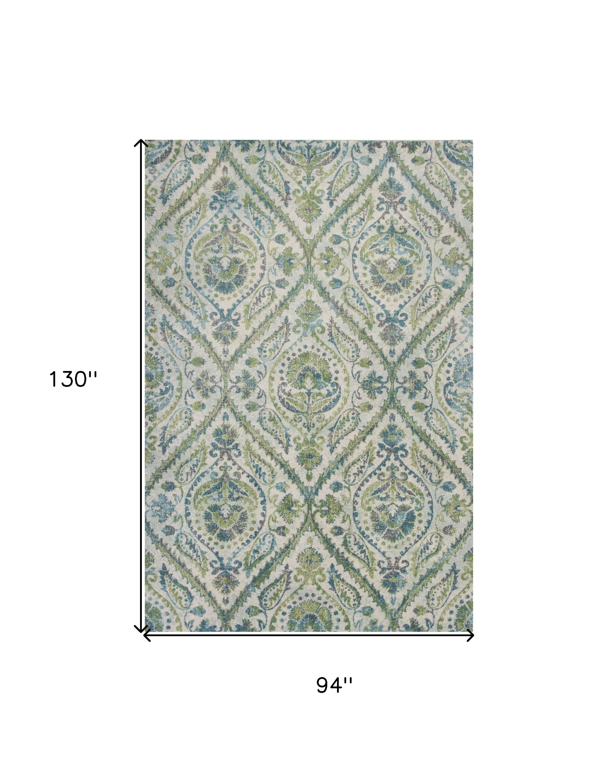 7' X 10' Green Ivory And Teal Medallion Area Rug-Area Rugs-DECOROLALA