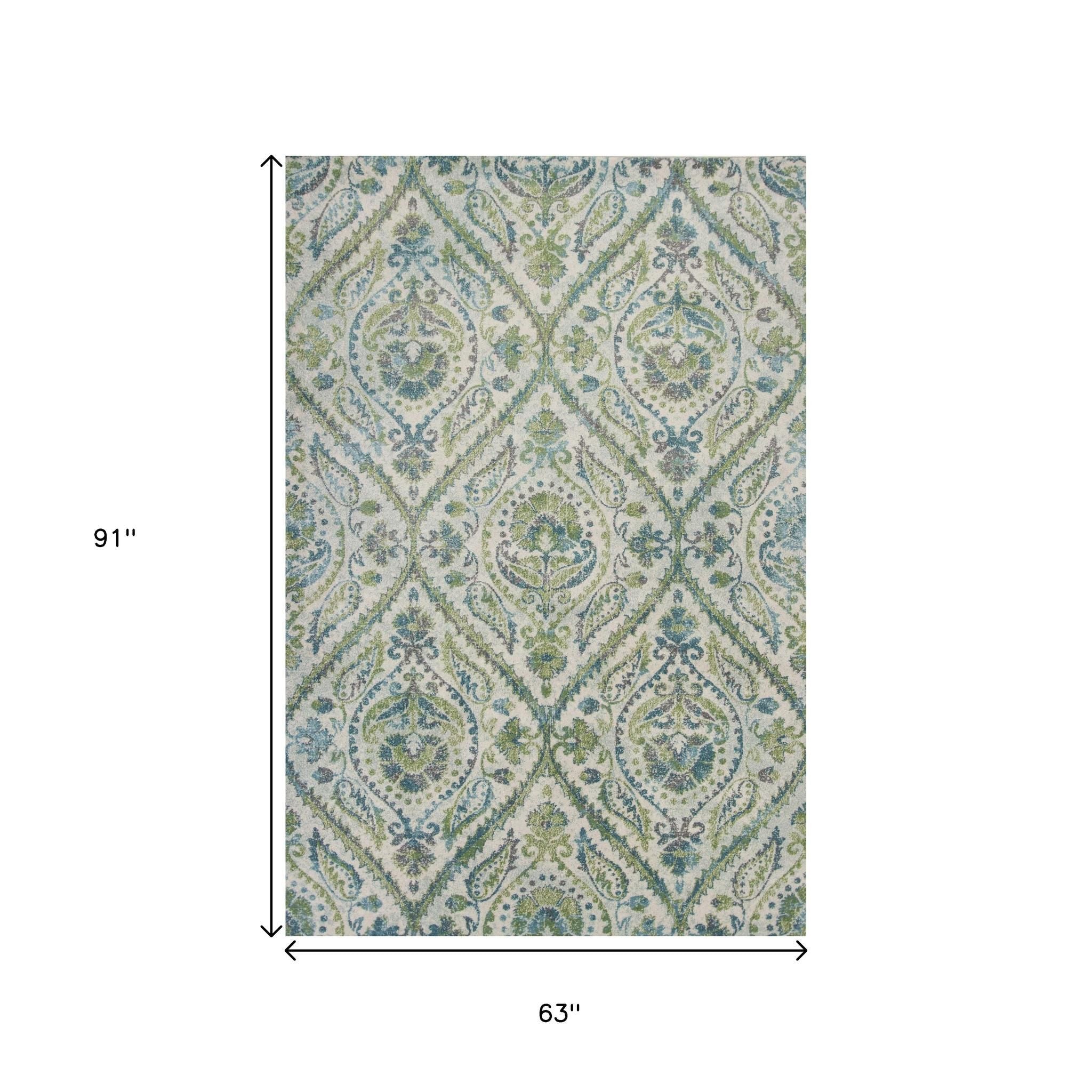 7' X 10' Green Ivory And Teal Medallion Area Rug-Area Rugs-DECOROLALA