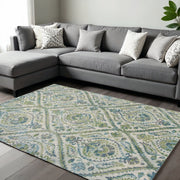 7' X 10' Green Ivory And Teal Medallion Area Rug-Area Rugs-DECOROLALA