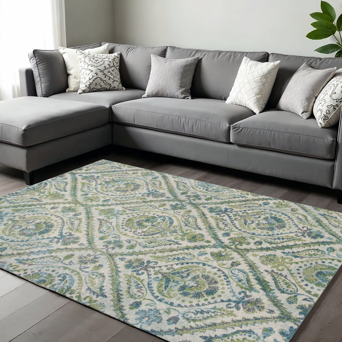 7' X 10' Green Ivory And Teal Medallion Area Rug-Area Rugs-DECOROLALA