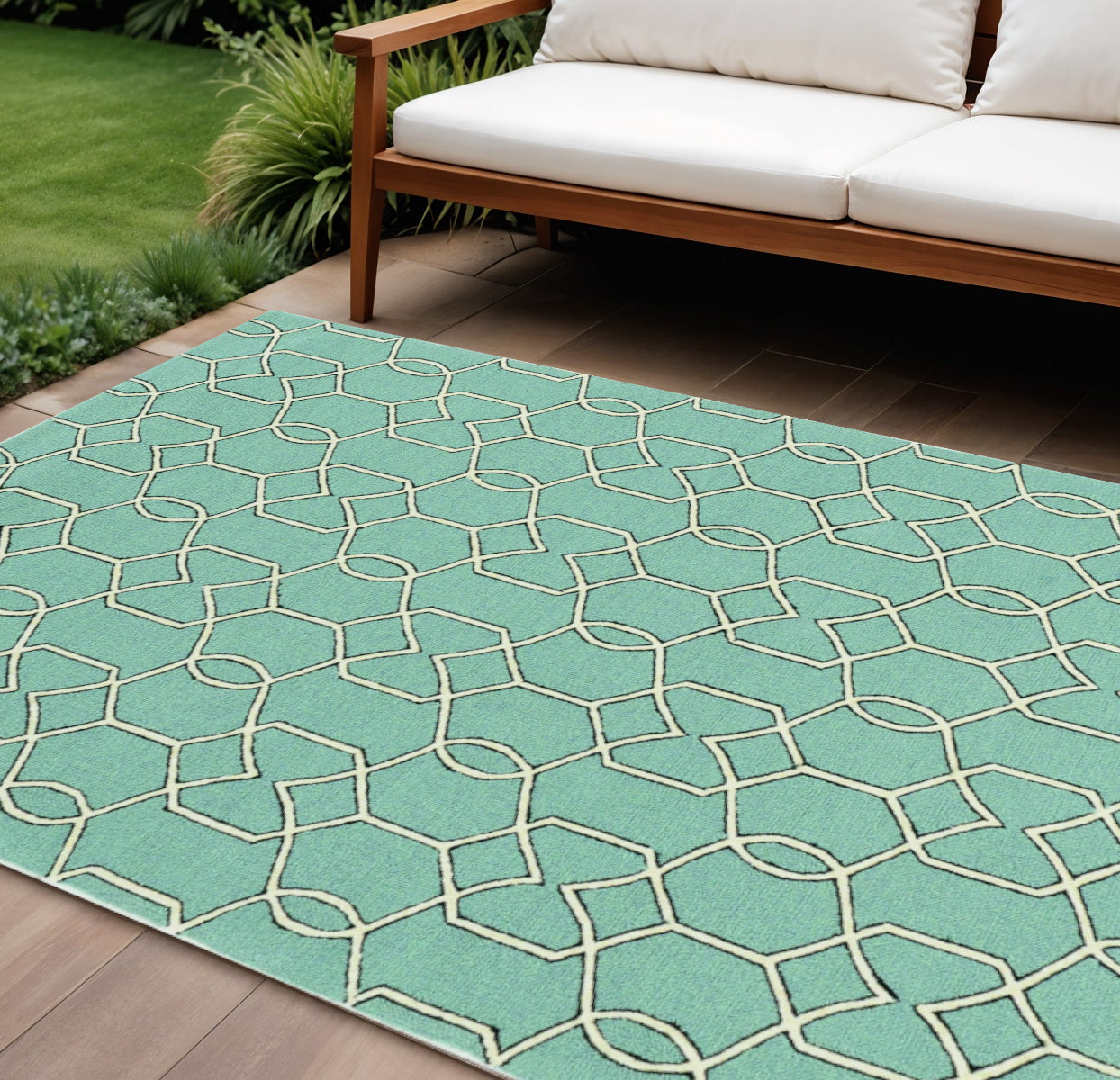 7' X 10' Green Moroccan Indoor Outdoor Area Rug-Outdoor Rugs-DECOROLALA